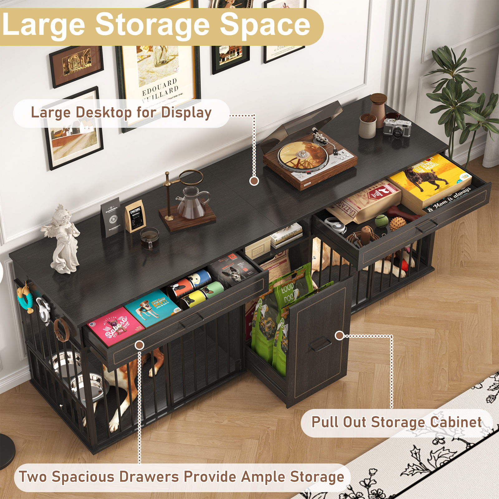 86.6" Dog Crate Furniture TV Stand for Large Breed Dogs, Wooden Kennel with Dual rooms, Dog Bowl, 2 Drawers &  Cabinet for Medium-Large Dogs