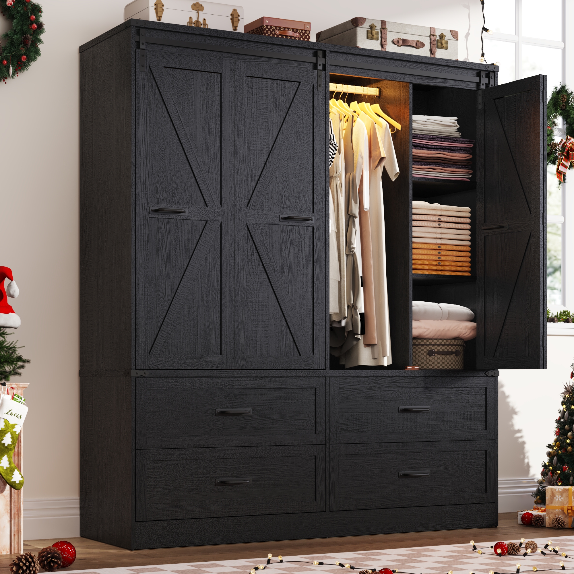 ChVans 73''H Armoire Wardrobe Closet with Sensor Light and 4 Drawers, Farmhouse Bedroom Armoire Cabinet with Hanging Rod, Wooden Wardrobe Cabinet with folding sliding barn door for Bedroom