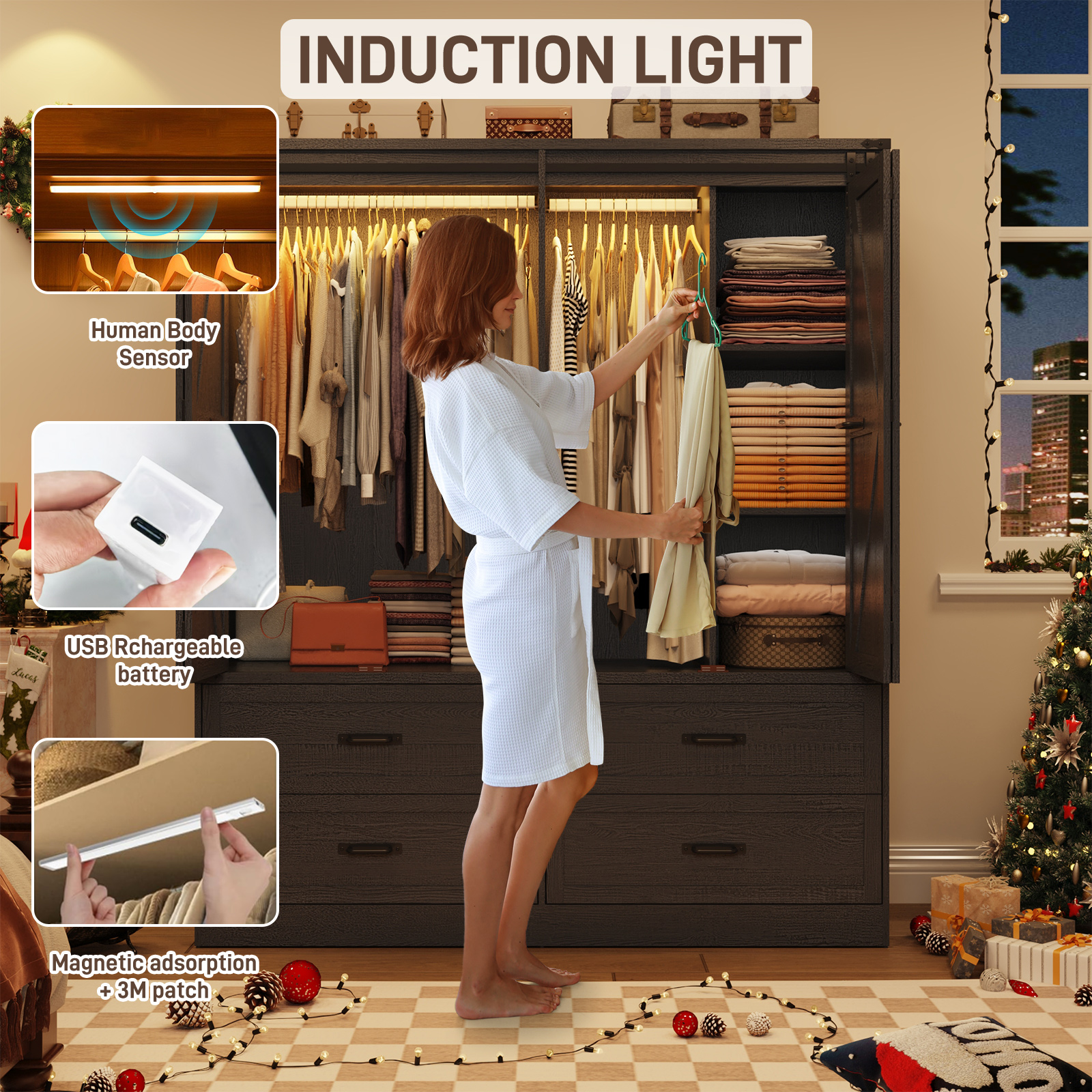 ChVans 73''H Armoire Wardrobe Closet with Sensor Light and 4 Drawers, Farmhouse Bedroom Armoire Cabinet with Hanging Rod, Wooden Wardrobe Cabinet with folding sliding barn door for Bedroom