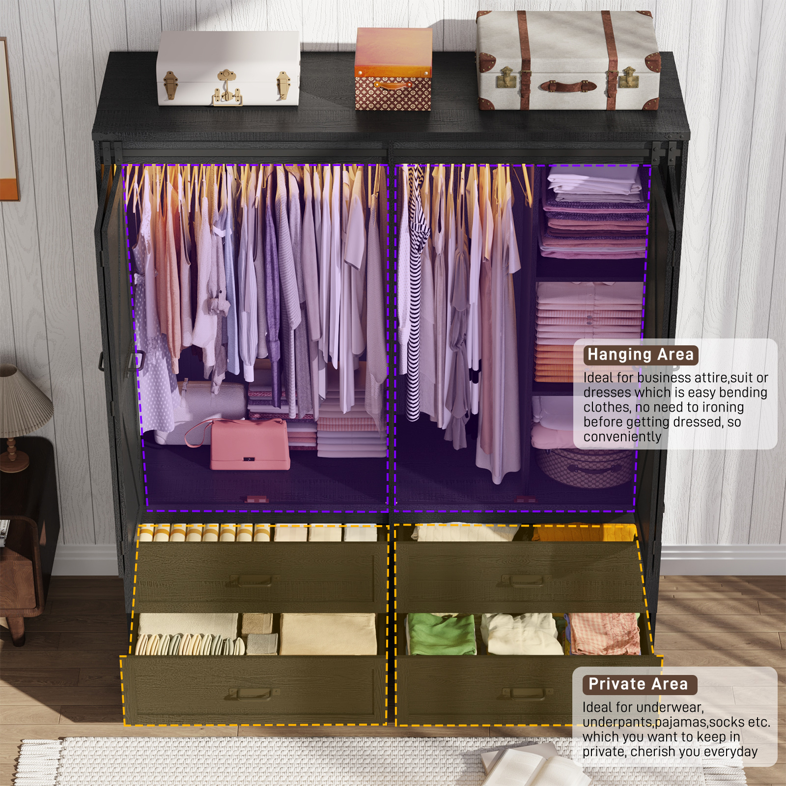 ChVans 73''H Armoire Wardrobe Closet with Sensor Light and 4 Drawers, Farmhouse Bedroom Armoire Cabinet with Hanging Rod, Wooden Wardrobe Cabinet with folding sliding barn door for Bedroom