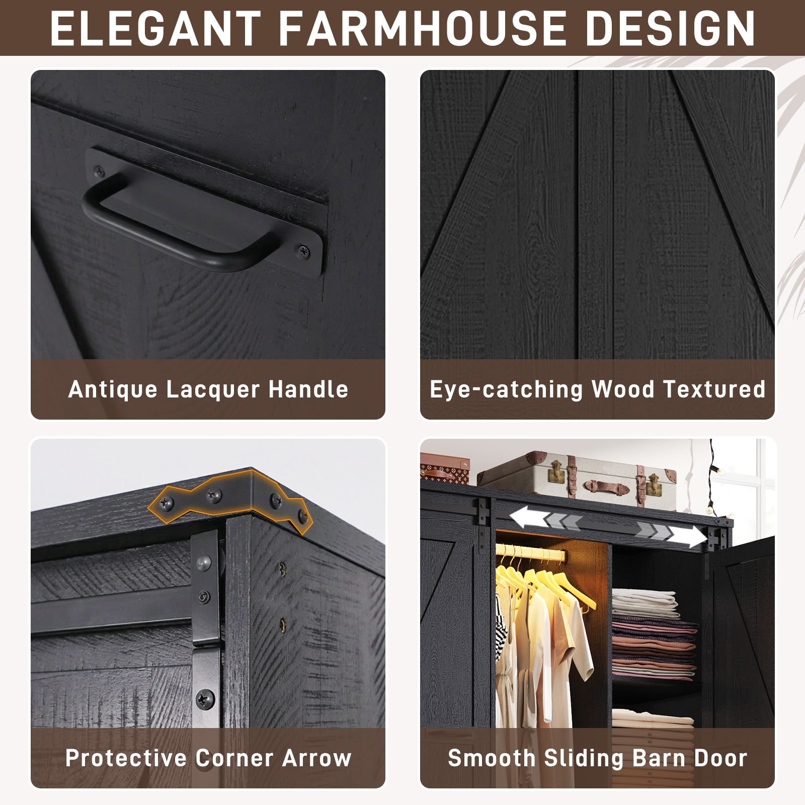 ChVans 73''H Armoire Wardrobe Closet with Sensor Light and 4 Drawers, Farmhouse Bedroom Armoire Cabinet with Hanging Rod, Wooden Wardrobe Cabinet with folding sliding barn door for Bedroom