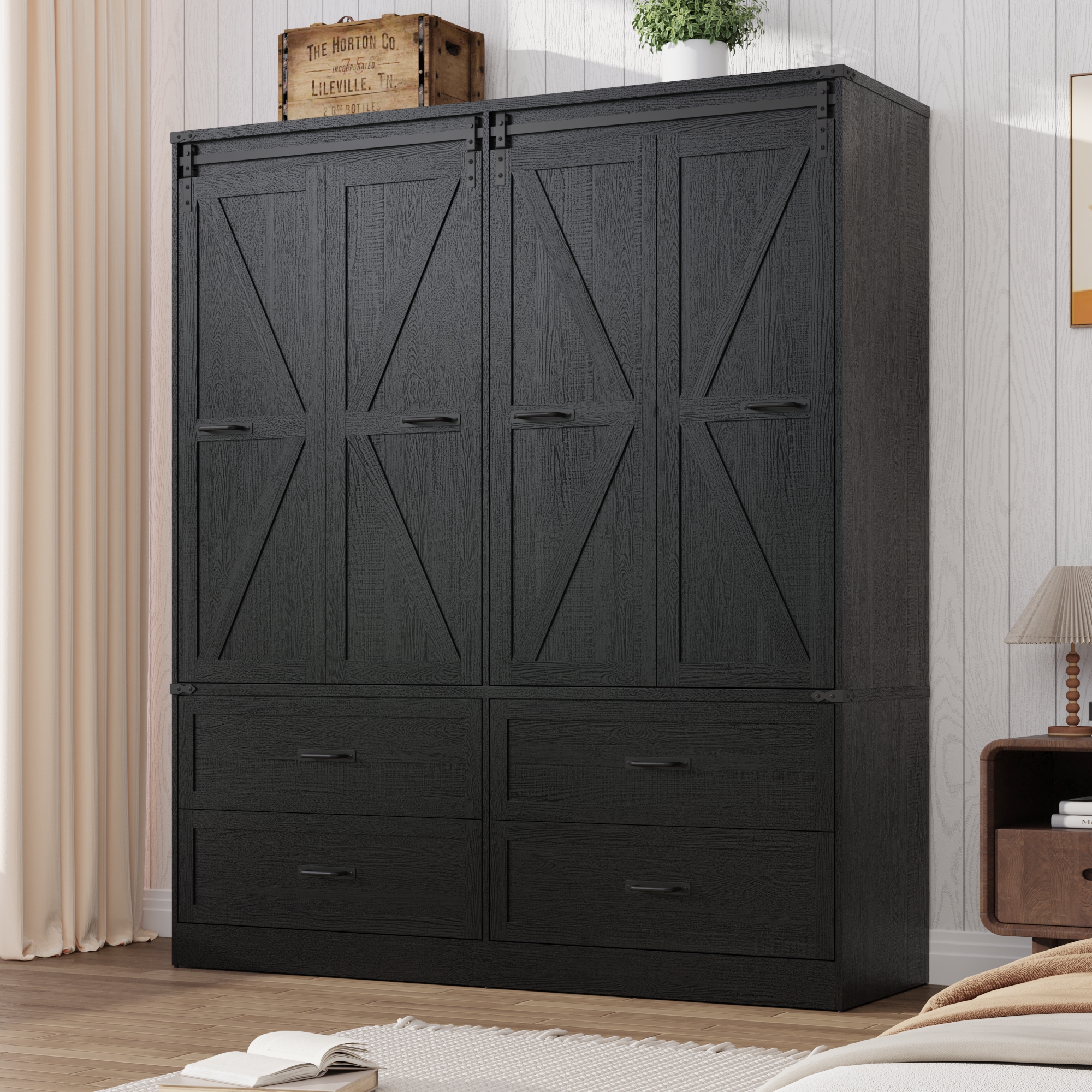 ChVans 73''H Armoire Wardrobe Closet with Sensor Light and 4 Drawers, Farmhouse Bedroom Armoire Cabinet with Hanging Rod, Wooden Wardrobe Cabinet with folding sliding barn door for Bedroom