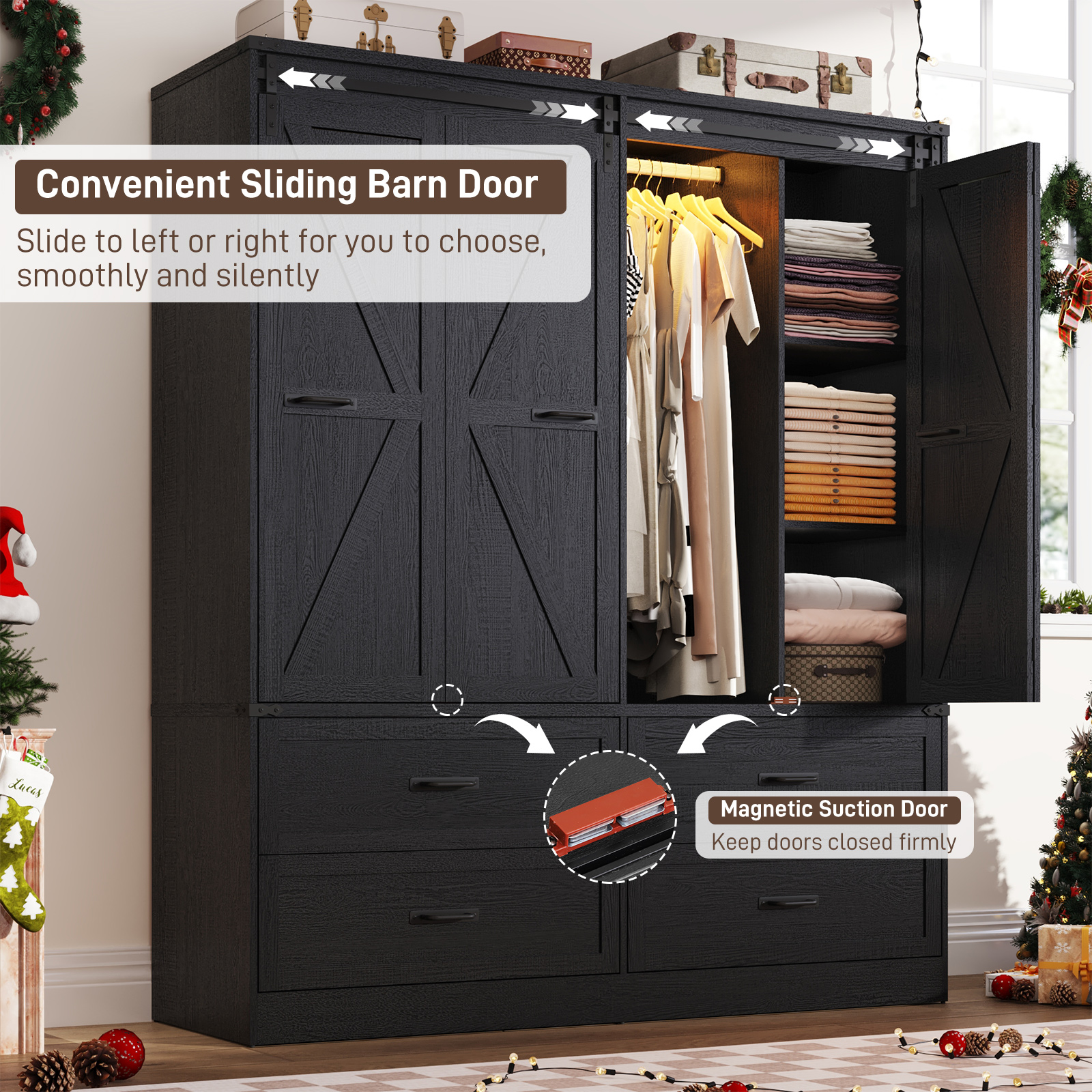 ChVans 73''H Armoire Wardrobe Closet with Sensor Light and 4 Drawers, Farmhouse Bedroom Armoire Cabinet with Hanging Rod, Wooden Wardrobe Cabinet with folding sliding barn door for Bedroom