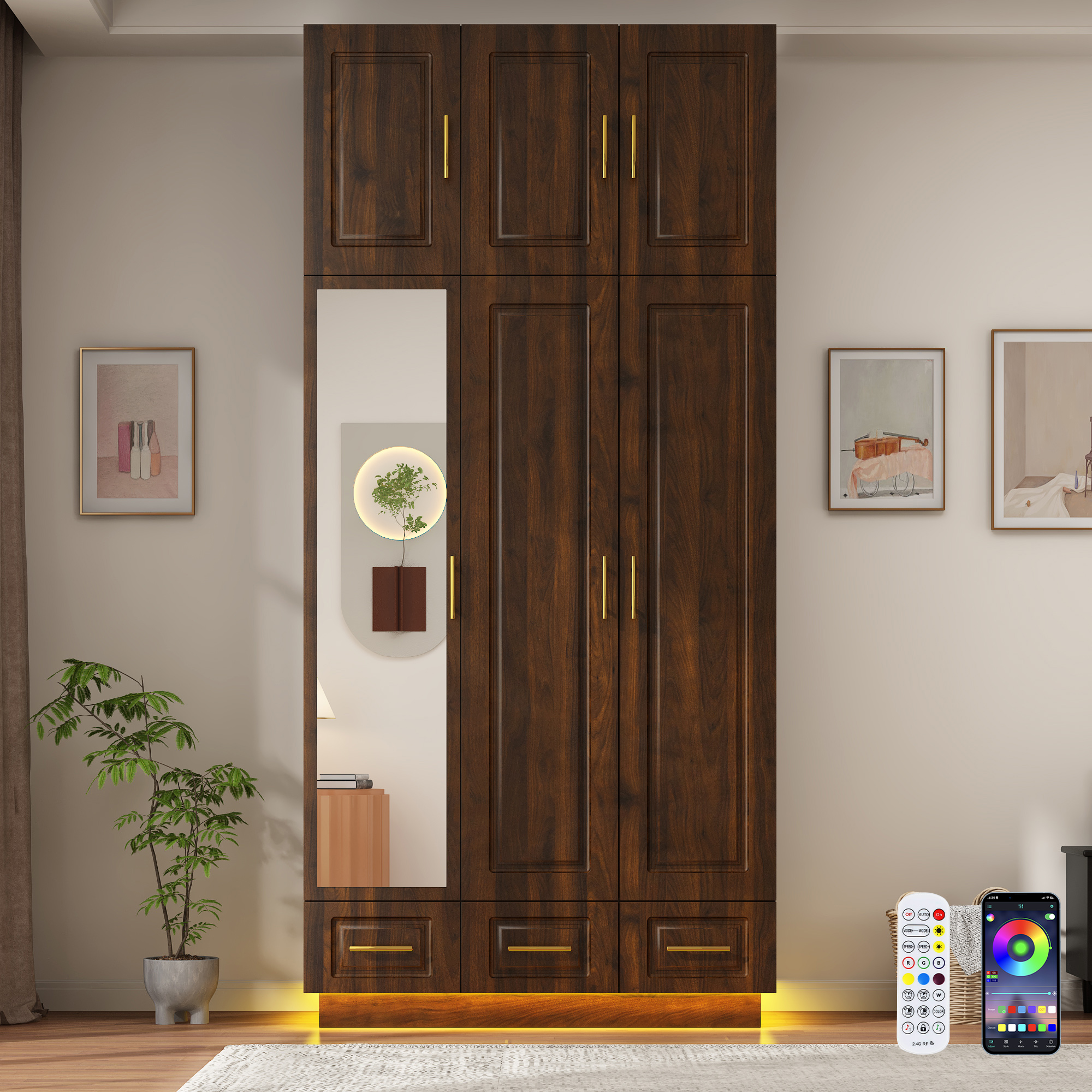 ChVans 3 Door Armoire Wardrobe Closet with Top Cabinet and Mirror, 94.5'' LED Wardrobe Armoire with 3 Drawers, Hanging Rod & Multi-Layer Shelves for Bedroom, Brown