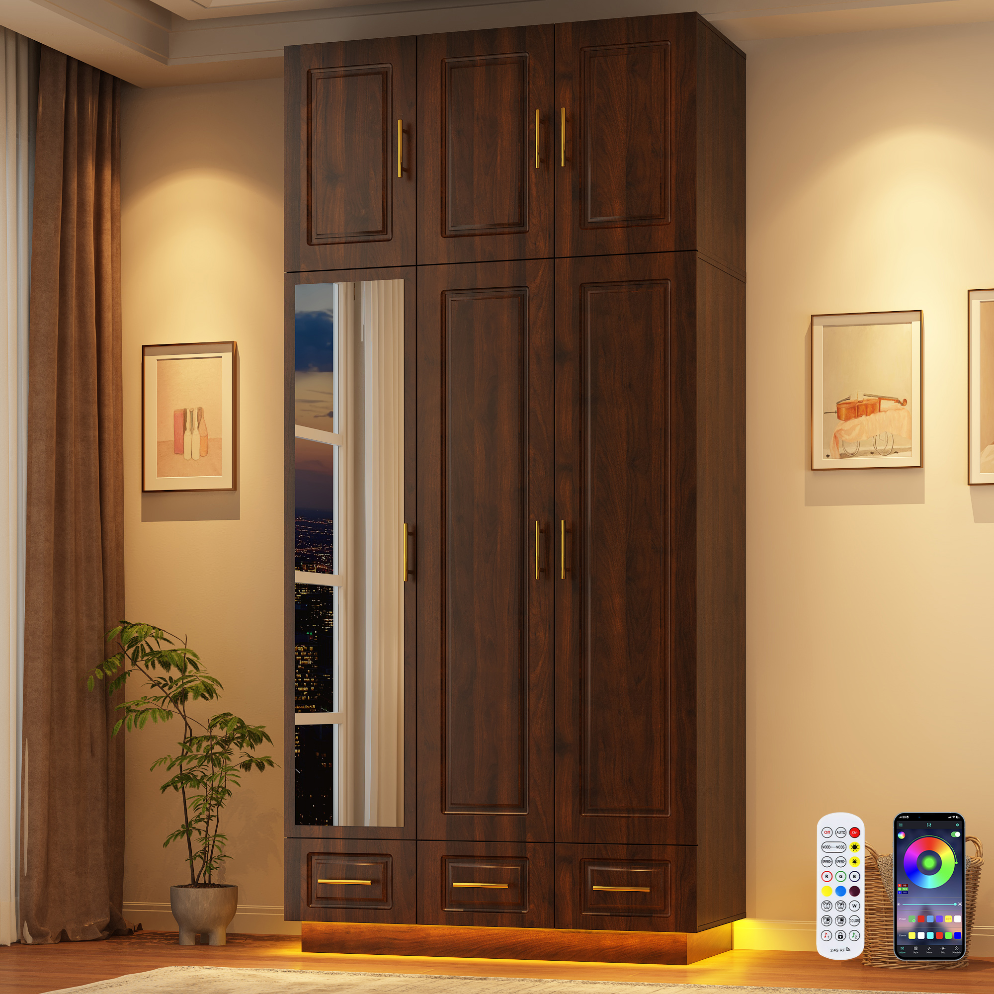 ChVans 3 Door Armoire Wardrobe Closet with Top Cabinet and Mirror, 94.5'' LED Wardrobe Armoire with 3 Drawers, Hanging Rod & Multi-Layer Shelves for Bedroom, Brown