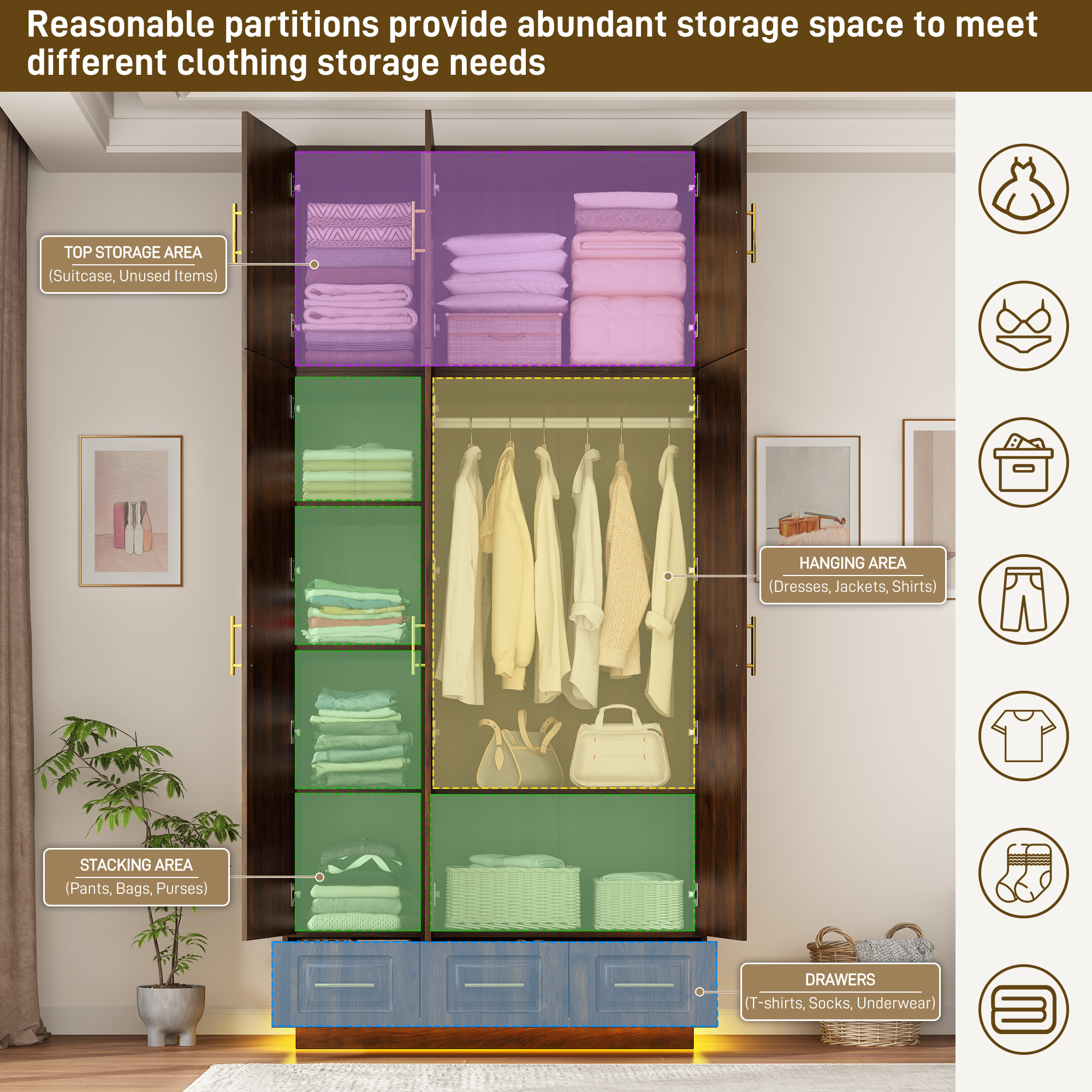 ChVans 3 Door Armoire Wardrobe Closet with Top Cabinet and Mirror, 94.5'' LED Wardrobe Armoire with 3 Drawers, Hanging Rod & Multi-Layer Shelves for Bedroom, Brown