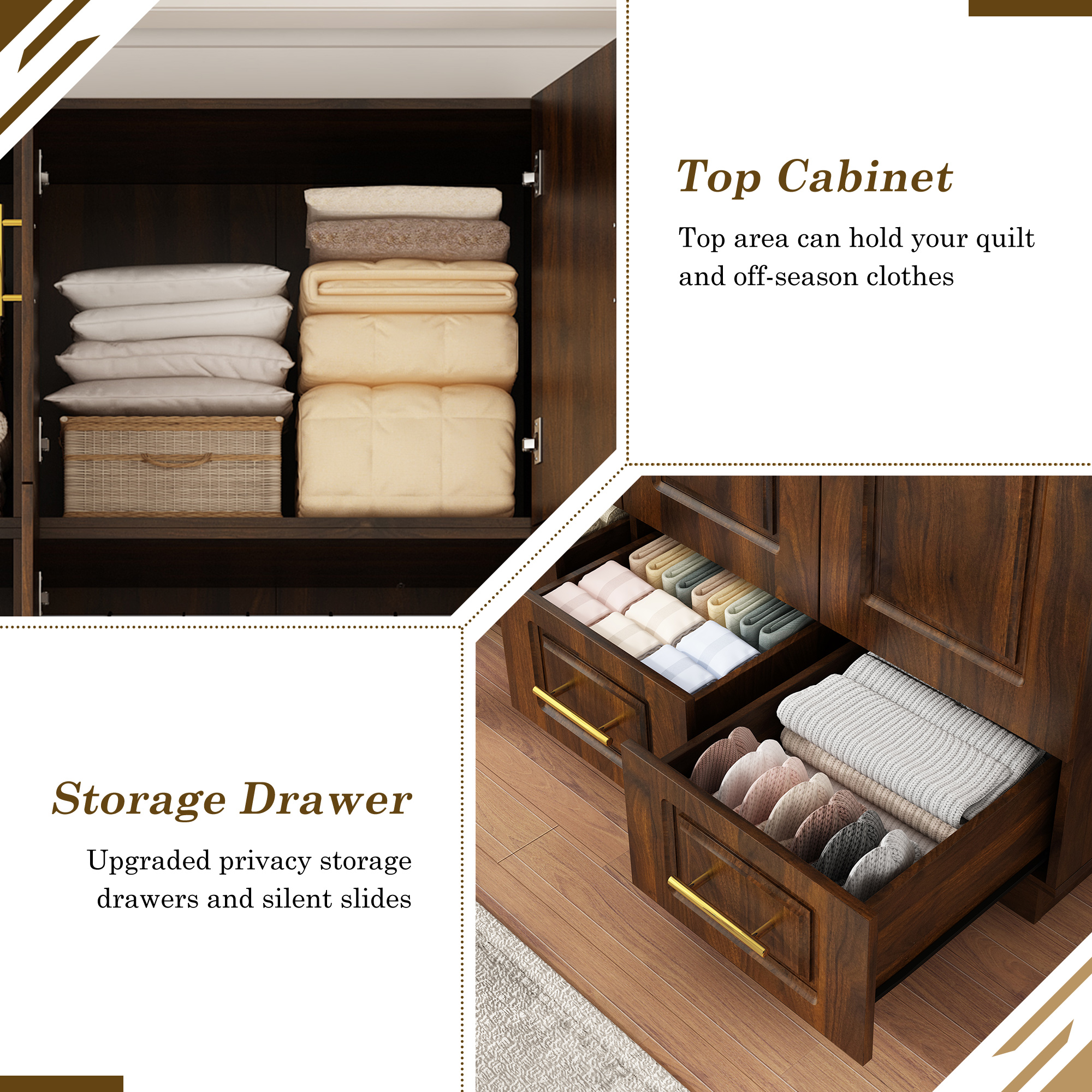 ChVans 3 Door Armoire Wardrobe Closet with Top Cabinet and Mirror, 94.5'' LED Wardrobe Armoire with 3 Drawers, Hanging Rod & Multi-Layer Shelves for Bedroom, Brown