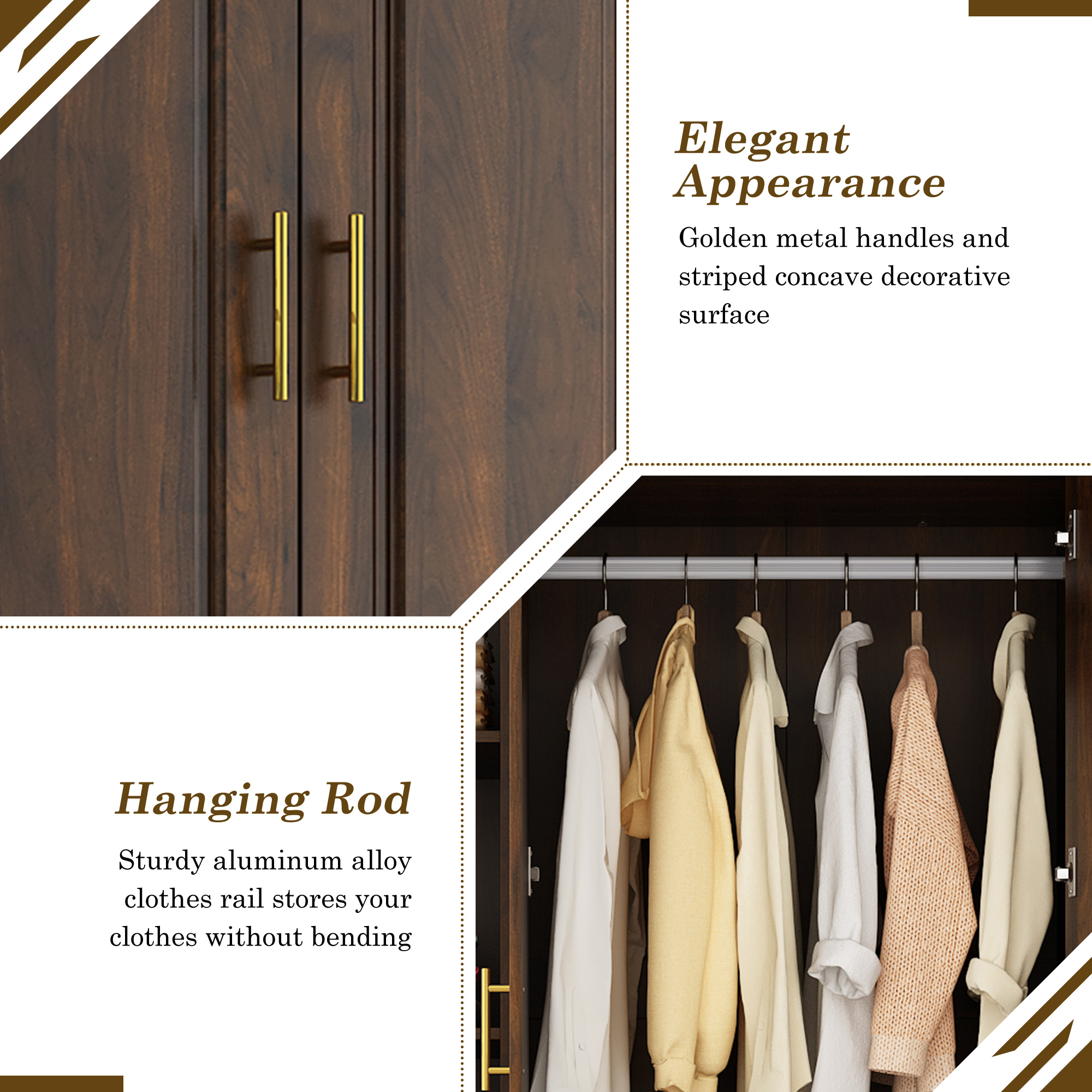 ChVans 3 Door Armoire Wardrobe Closet with Top Cabinet and Mirror, 94.5'' LED Wardrobe Armoire with 3 Drawers, Hanging Rod & Multi-Layer Shelves for Bedroom, Brown