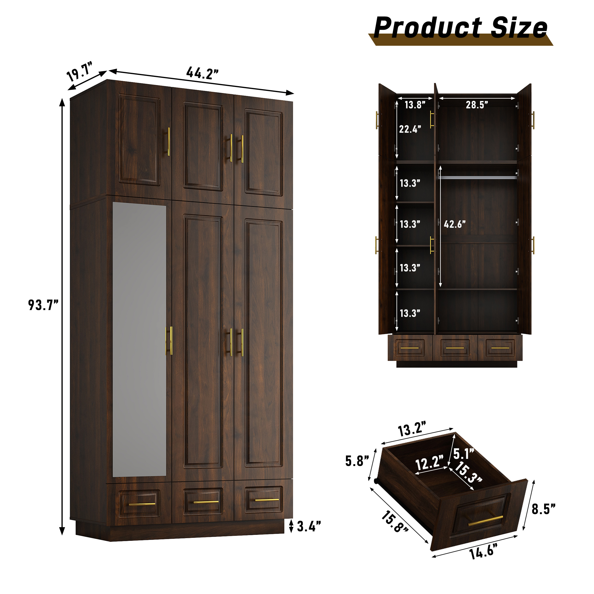 ChVans 3 Door Armoire Wardrobe Closet with Top Cabinet and Mirror, 94.5'' LED Wardrobe Armoire with 3 Drawers, Hanging Rod & Multi-Layer Shelves for Bedroom, Brown