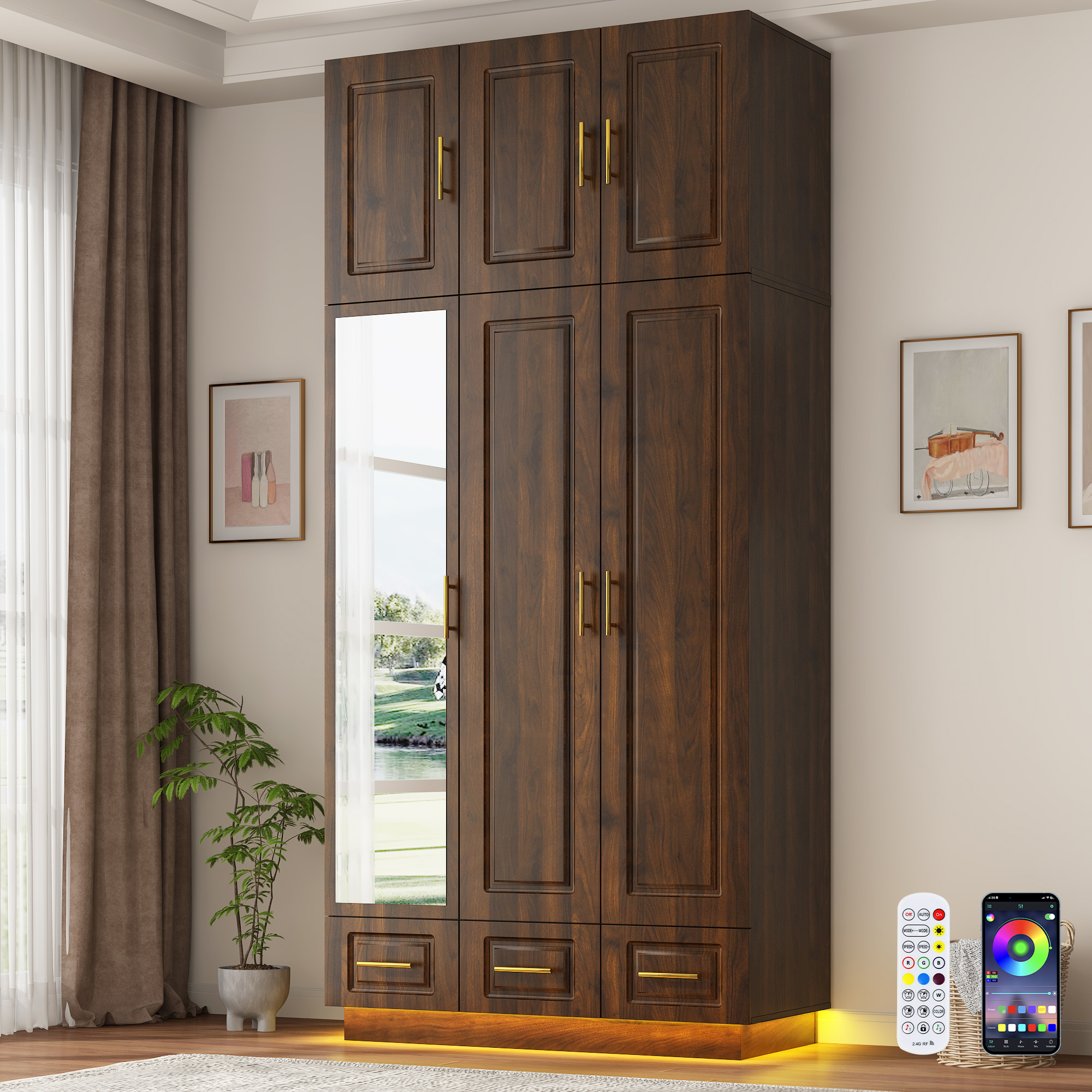 ChVans 3 Door Armoire Wardrobe Closet with Top Cabinet and Mirror, 94.5'' LED Wardrobe Armoire with 3 Drawers, Hanging Rod & Multi-Layer Shelves for Bedroom, Brown