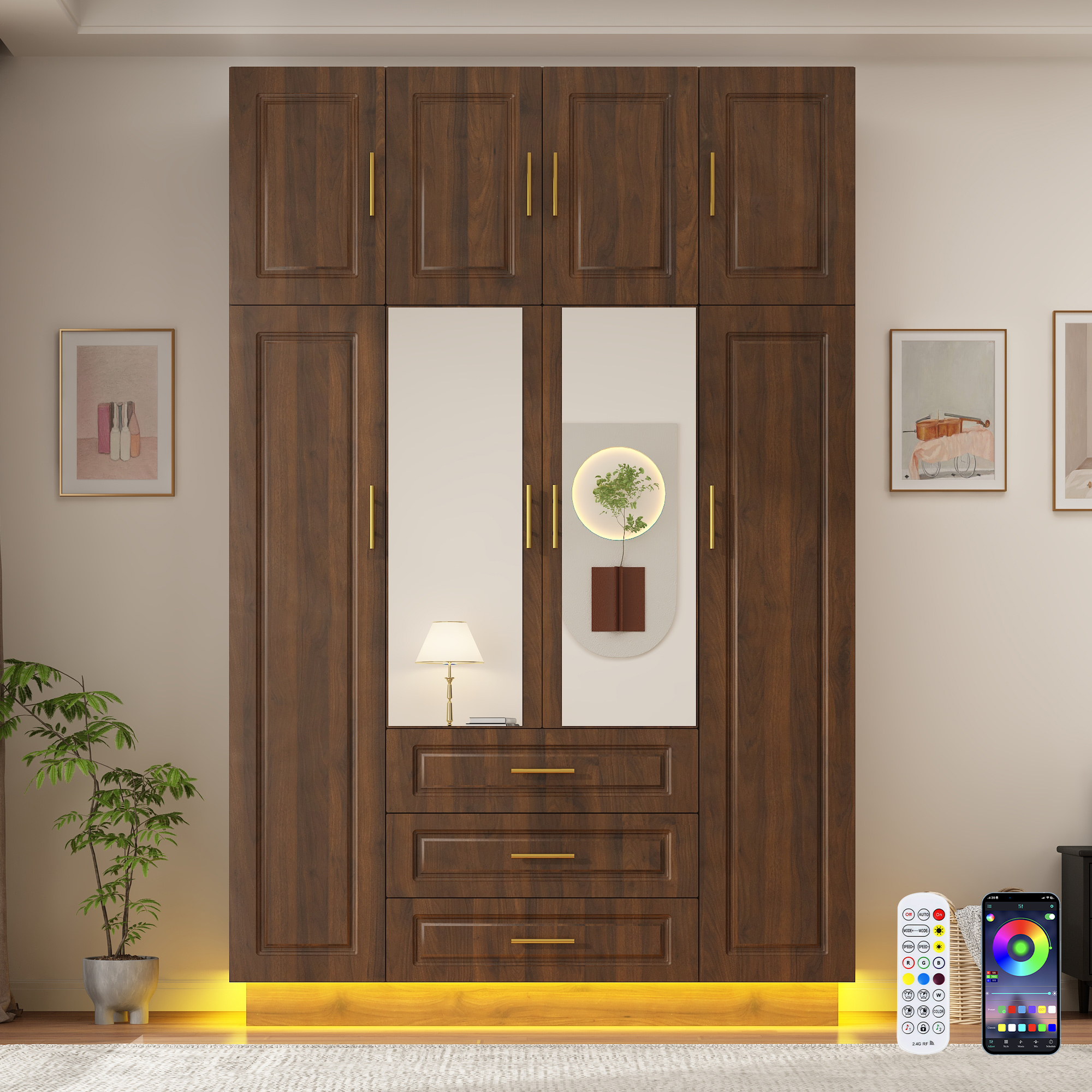ChVans 4 Door Armoire Wardrobe Closet with Top Cabinet and Mirror, 90.6'' LED Wardrobe Armoire with 3 Drawers, Hanging Rod & Multi-Layer Shelves for Bedroom, Brown