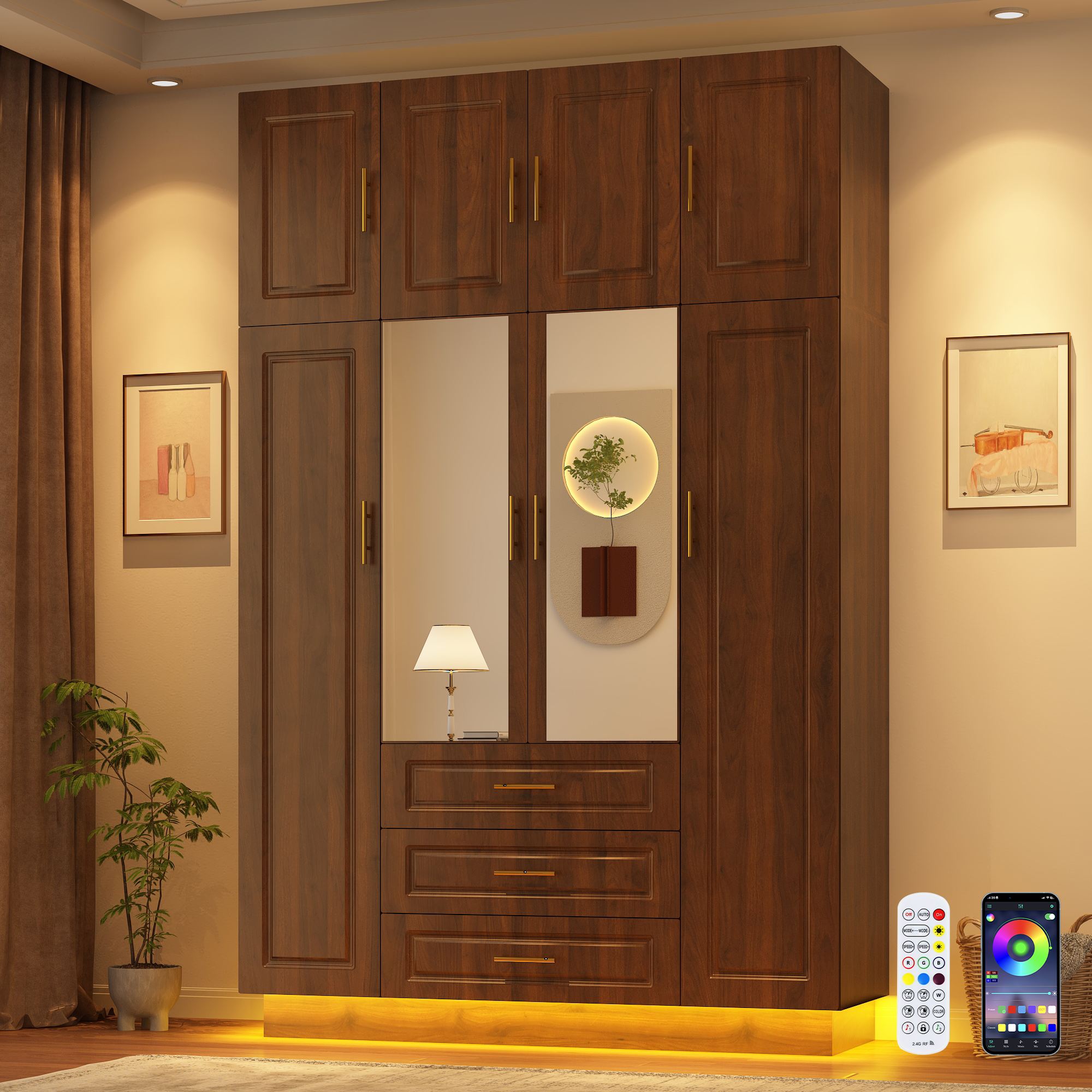 ChVans 4 Door Armoire Wardrobe Closet with Top Cabinet and Mirror, 90.6'' LED Wardrobe Armoire with 3 Drawers, Hanging Rod & Multi-Layer Shelves for Bedroom, Brown