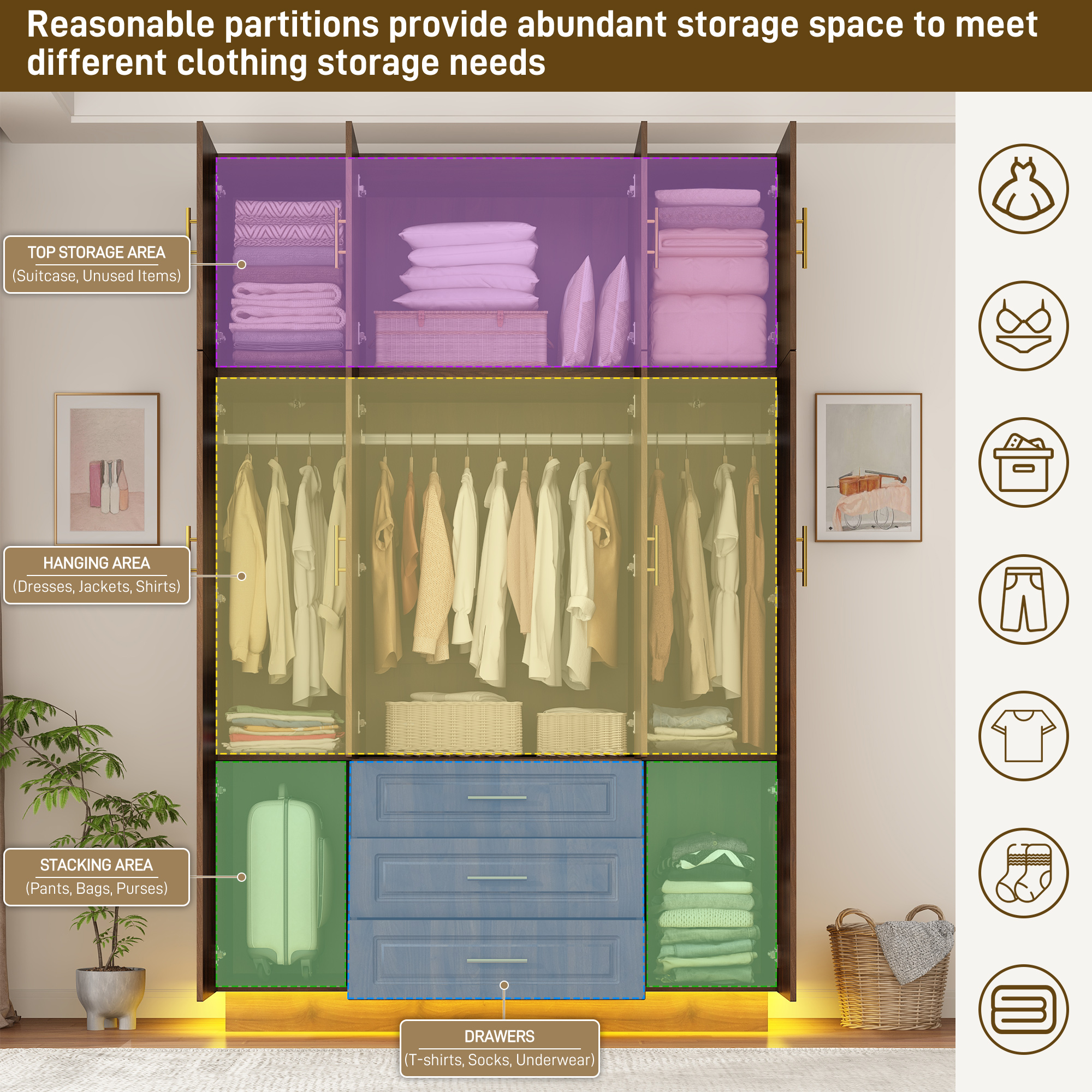 ChVans 4 Door Armoire Wardrobe Closet with Top Cabinet and Mirror, 90.6'' LED Wardrobe Armoire with 3 Drawers, Hanging Rod & Multi-Layer Shelves for Bedroom, Brown