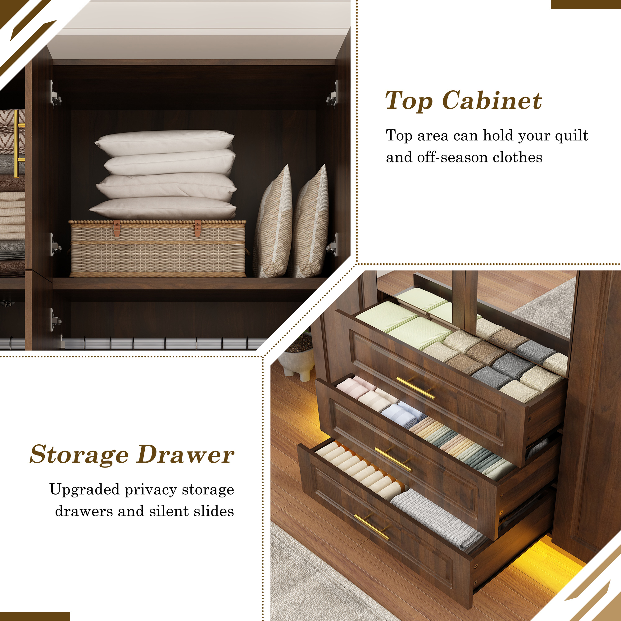 ChVans 4 Door Armoire Wardrobe Closet with Top Cabinet and Mirror, 90.6'' LED Wardrobe Armoire with 3 Drawers, Hanging Rod & Multi-Layer Shelves for Bedroom, Brown