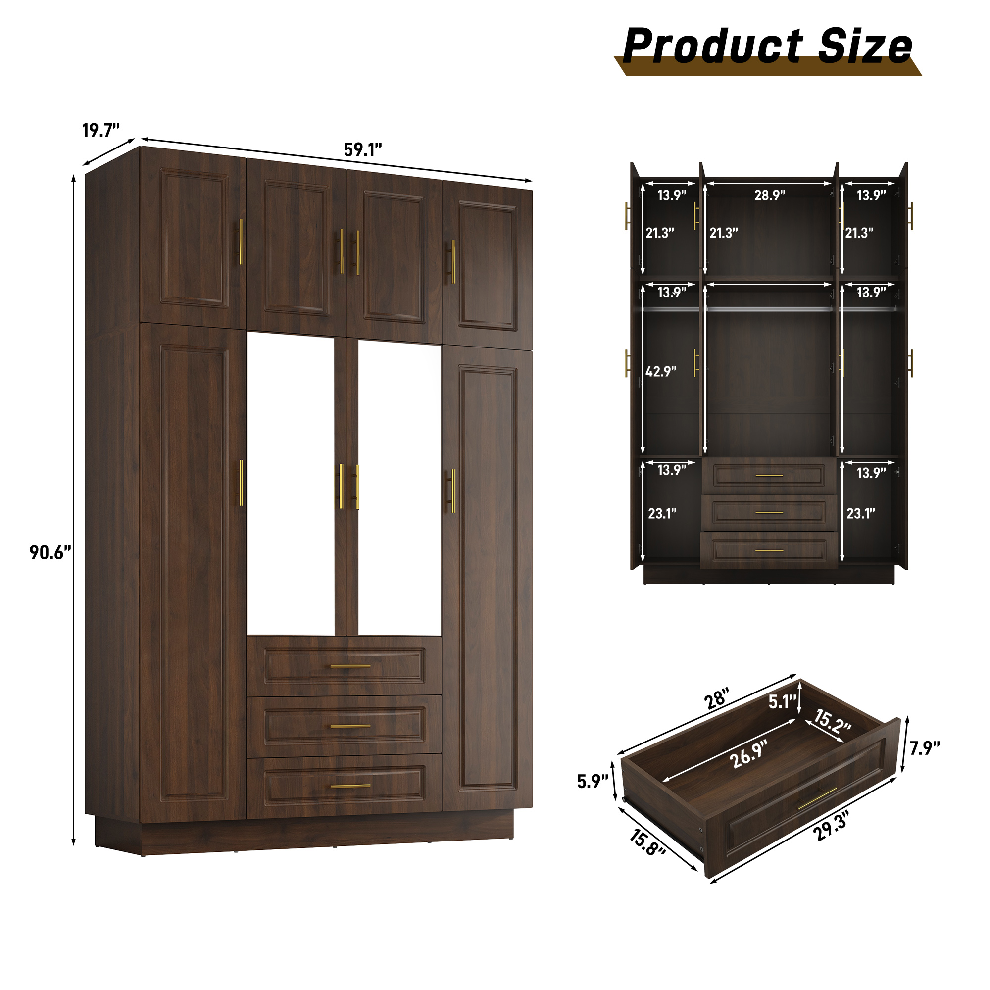ChVans 4 Door Armoire Wardrobe Closet with Top Cabinet and Mirror, 90.6'' LED Wardrobe Armoire with 3 Drawers, Hanging Rod & Multi-Layer Shelves for Bedroom, Brown
