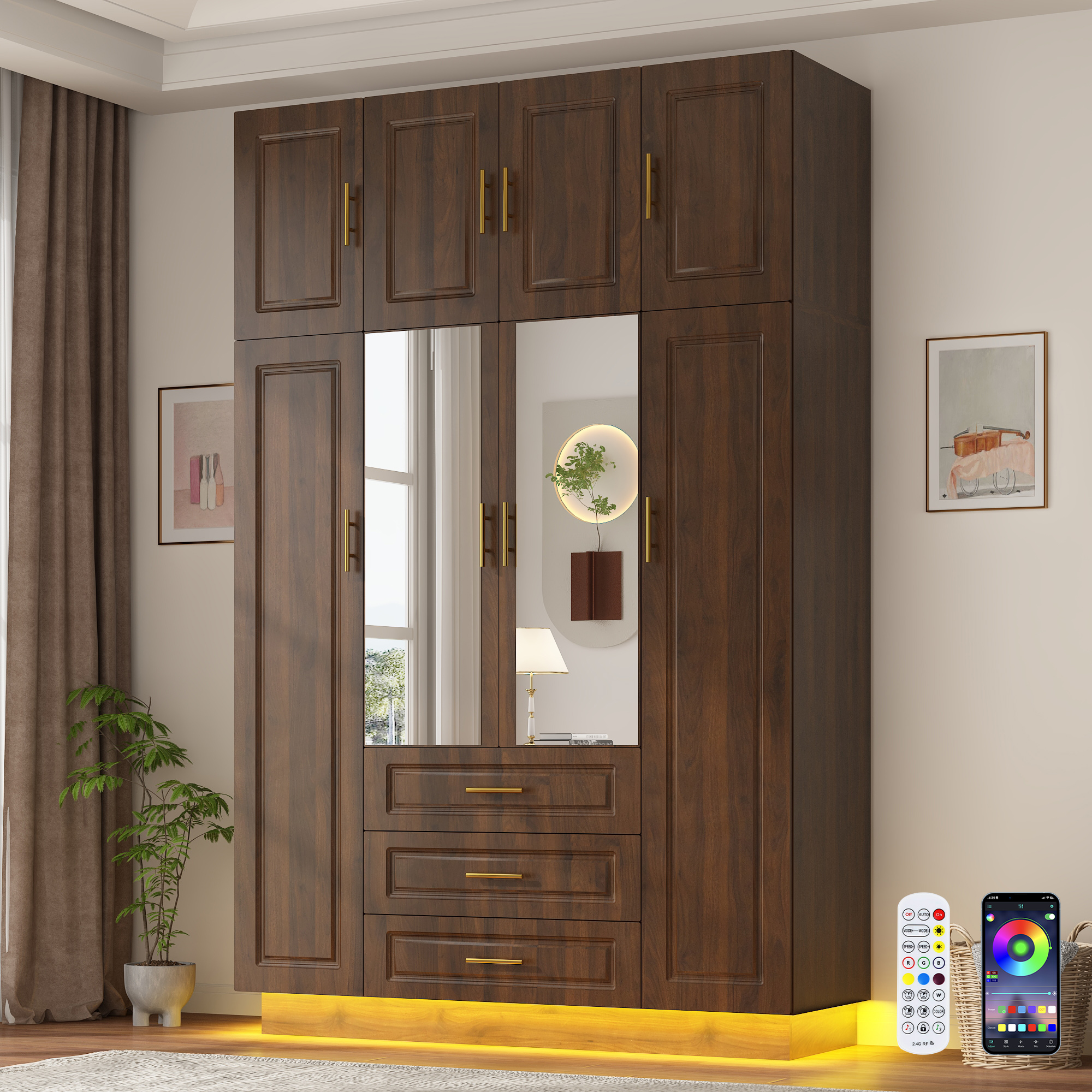 ChVans 4 Door Armoire Wardrobe Closet with Top Cabinet and Mirror, 90.6'' LED Wardrobe Armoire with 3 Drawers, Hanging Rod & Multi-Layer Shelves for Bedroom, Brown