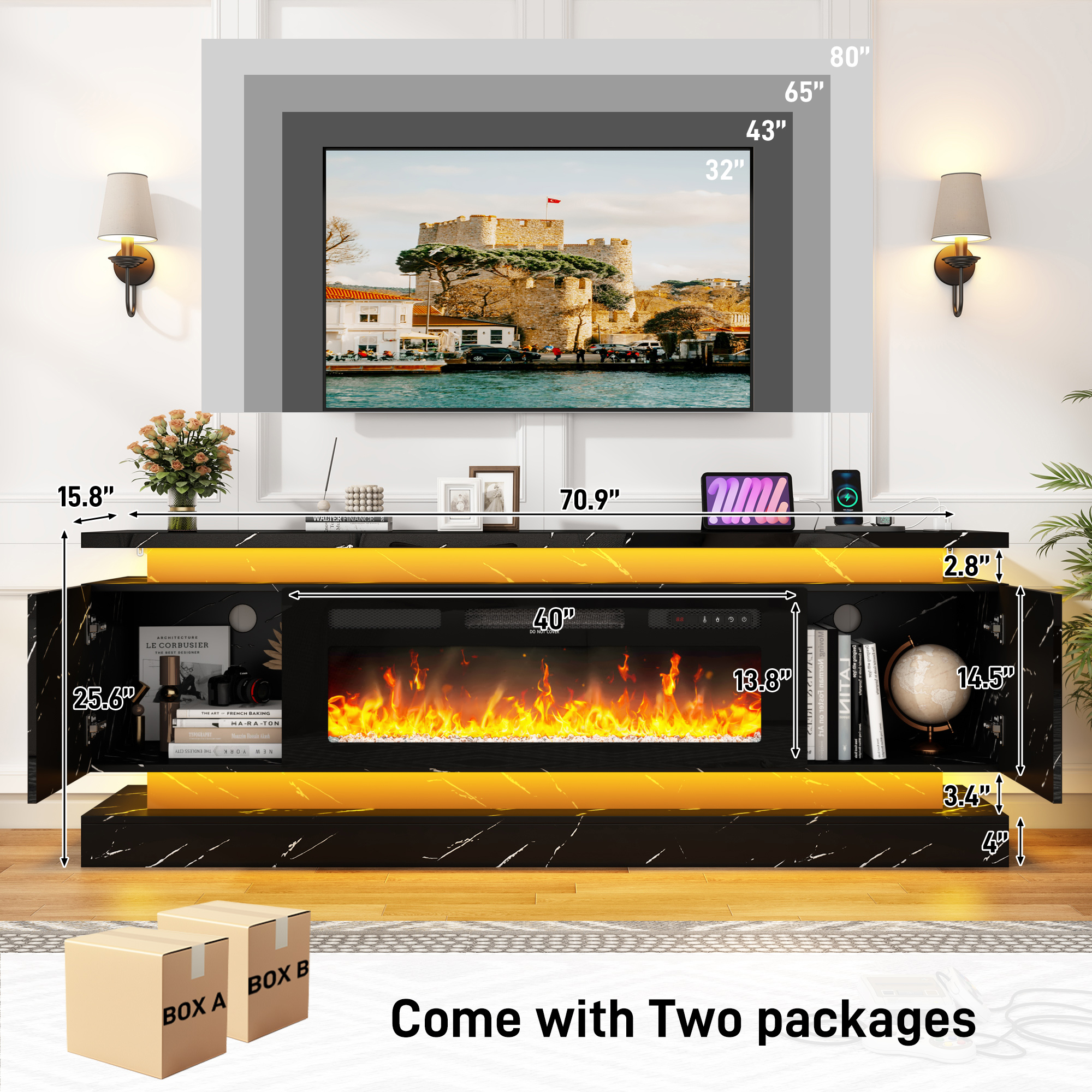 ChVans Fireplace TV Stand for 85" TV, 71" LED TV Stand with 40" Electric Fireplace & Power Outlet, Marble High Gloss Surface, 2 Storage Cabinet, Modern Style, Marble