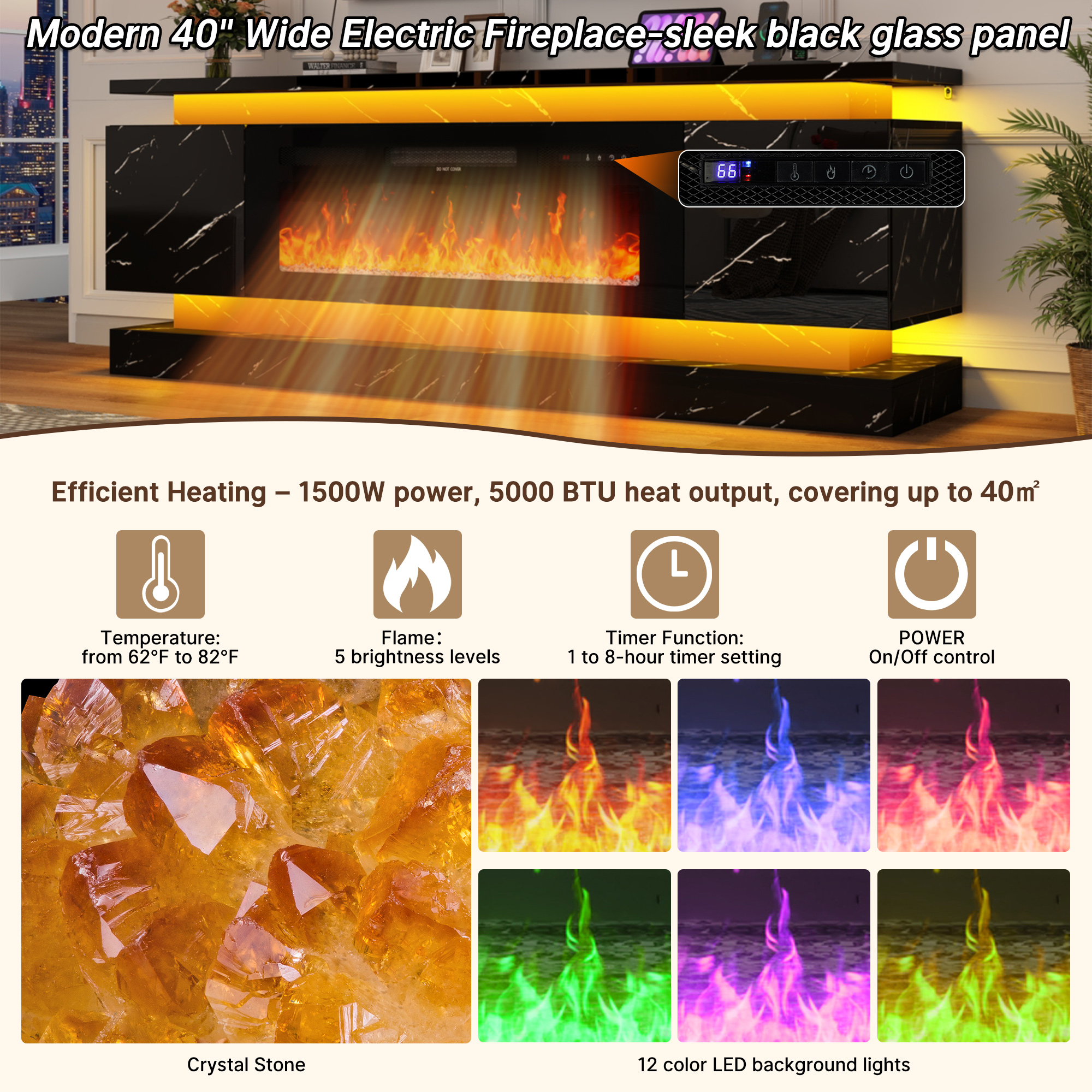 ChVans Fireplace TV Stand for 85" TV, 71" LED TV Stand with 40" Electric Fireplace & Power Outlet, Marble High Gloss Surface, 2 Storage Cabinet, Modern Style, Marble