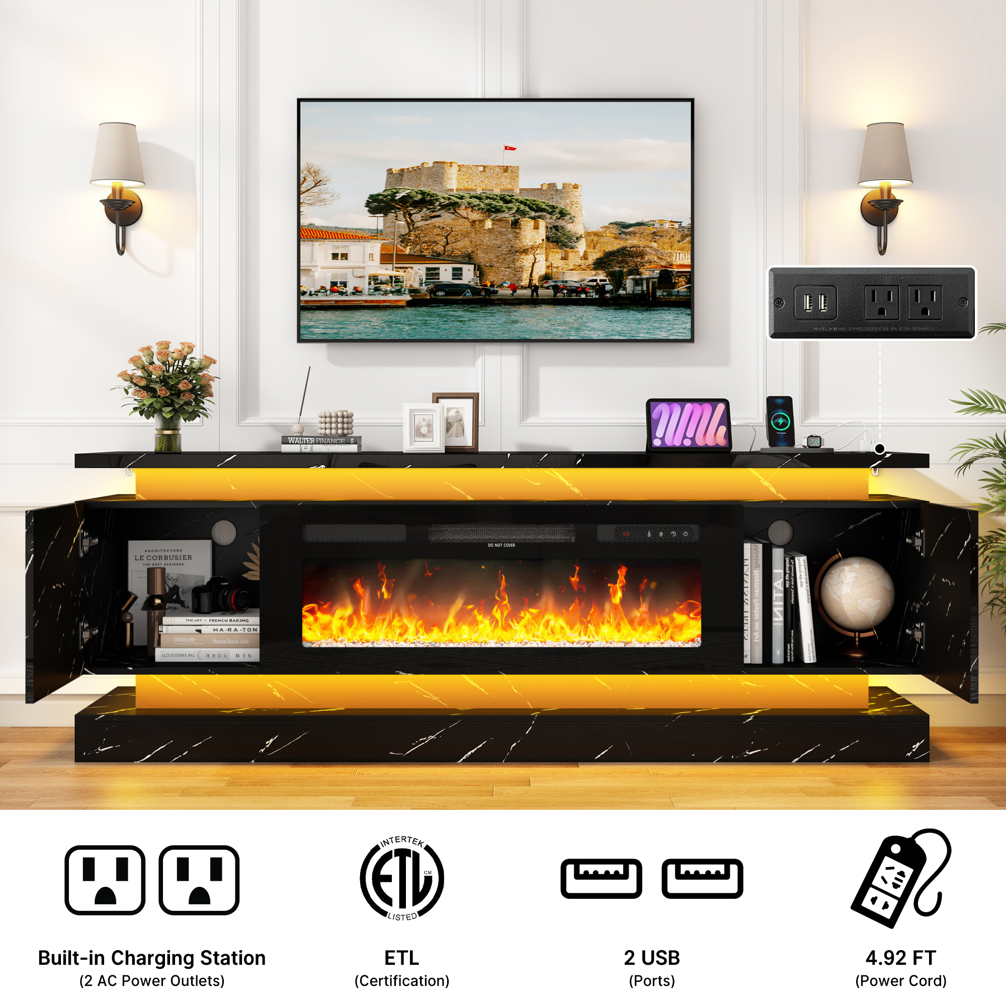 ChVans Fireplace TV Stand for 85" TV, 71" LED TV Stand with 40" Electric Fireplace & Power Outlet, Marble High Gloss Surface, 2 Storage Cabinet, Modern Style, Marble