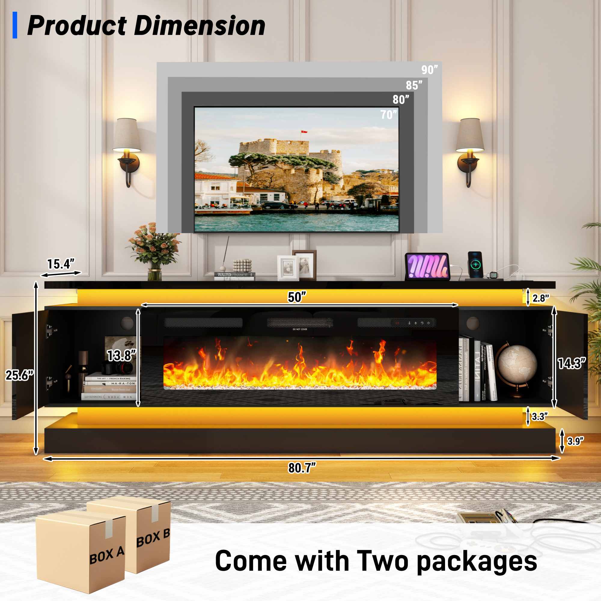 ChVans Fireplace TV Stand for 95" TV, 81" LED TV Stand with 50" Electric Fireplace & Power Outlet, High Gloss Surface, 2 Storage Cabinet, Modern Style, Black