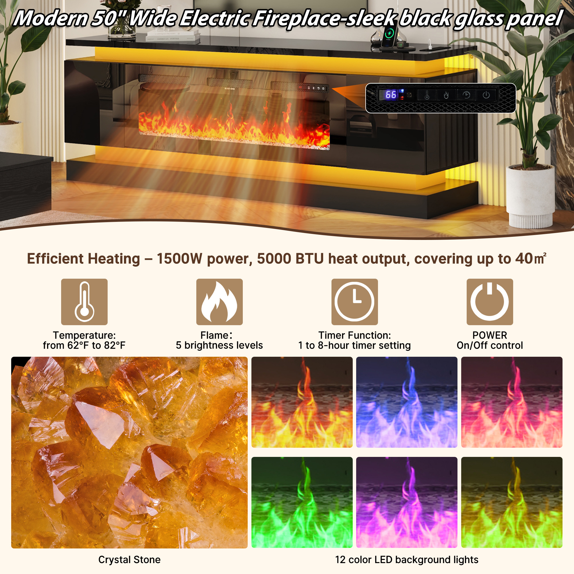 ChVans Fireplace TV Stand for 95" TV, 81" LED TV Stand with 50" Electric Fireplace & Power Outlet, High Gloss Surface, 2 Storage Cabinet, Modern Style, Black