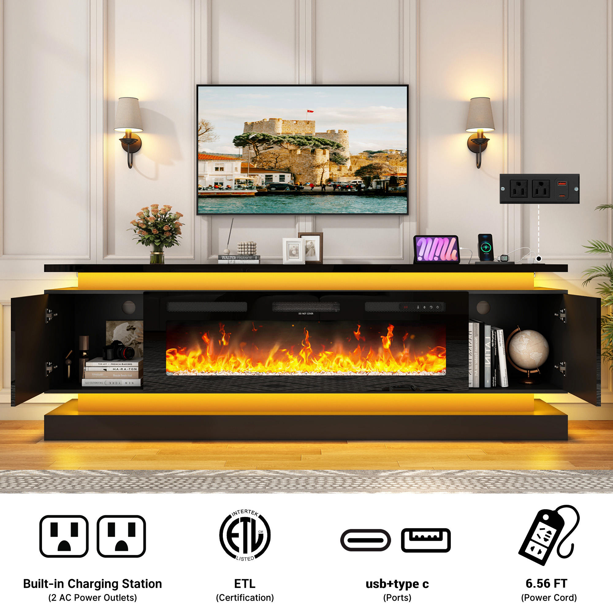 ChVans Fireplace TV Stand for 95" TV, 81" LED TV Stand with 50" Electric Fireplace & Power Outlet, High Gloss Surface, 2 Storage Cabinet, Modern Style, Black