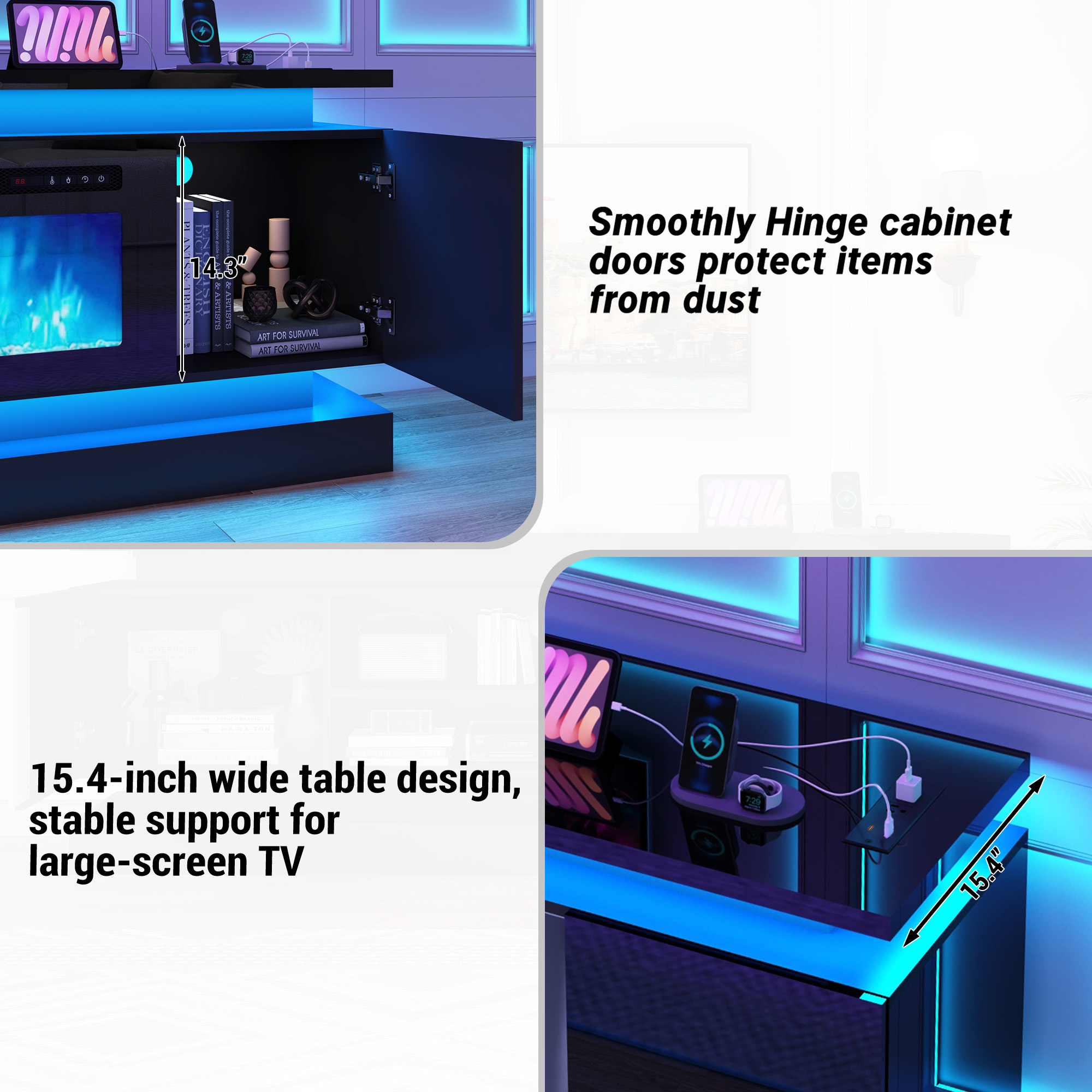 ChVans Fireplace TV Stand for 95" TV, 81" LED TV Stand with 50" Electric Fireplace & Power Outlet, High Gloss Surface, 2 Storage Cabinet, Modern Style, Black