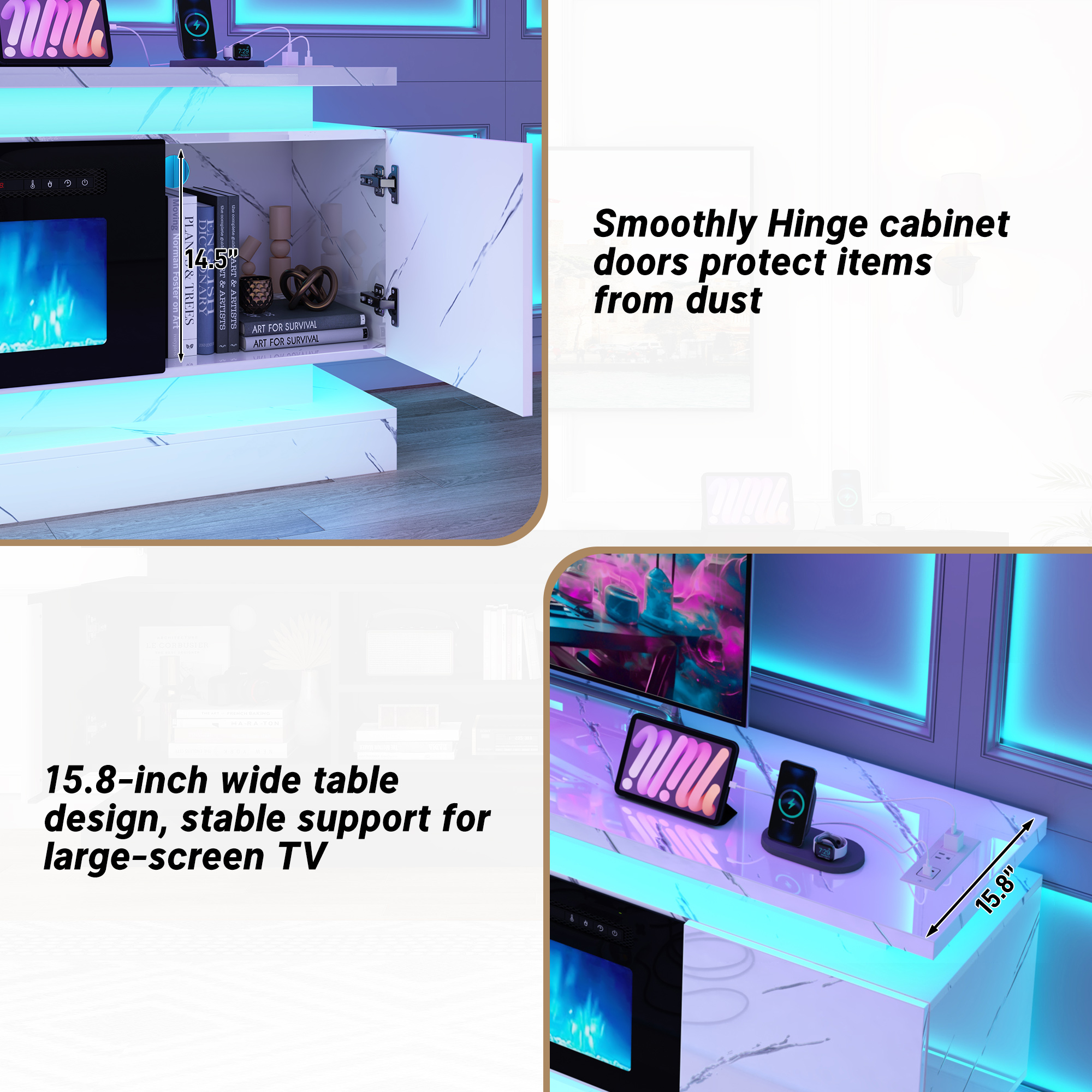 ChVans Fireplace TV Stand for 85" TV, 71" LED TV Stand with 40" Electric Fireplace & Power Outlet, Marble High Gloss Surface, 2 Storage Cabinet, Modern Style, Marble