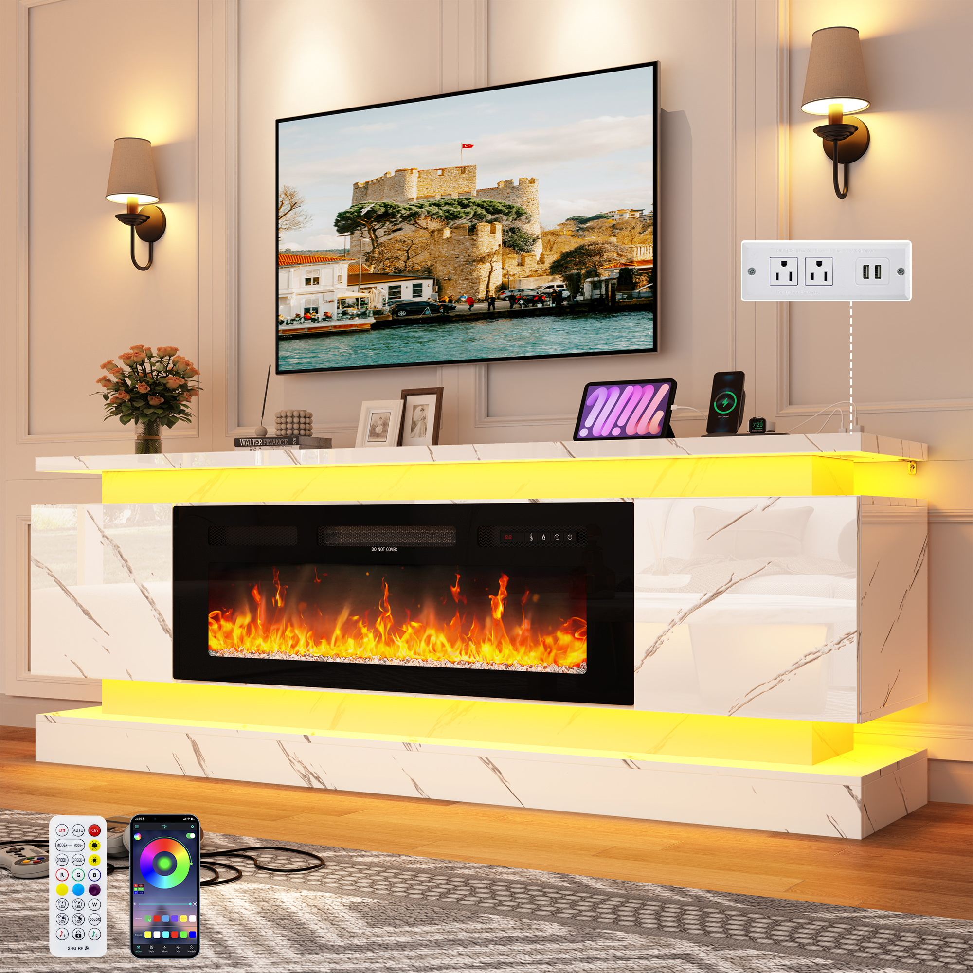 ChVans Fireplace TV Stand for 85" TV, 71" LED TV Stand with 40" Electric Fireplace & Power Outlet, Marble High Gloss Surface, 2 Storage Cabinet, Modern Style, Marble