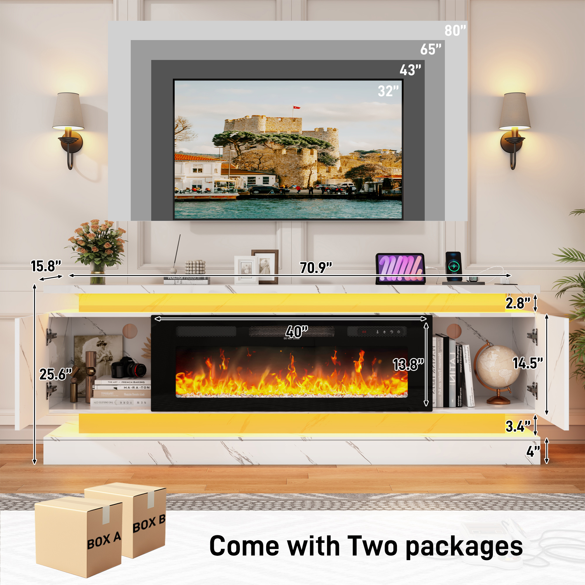 ChVans Fireplace TV Stand for 85" TV, 71" LED TV Stand with 40" Electric Fireplace & Power Outlet, Marble High Gloss Surface, 2 Storage Cabinet, Modern Style, Marble