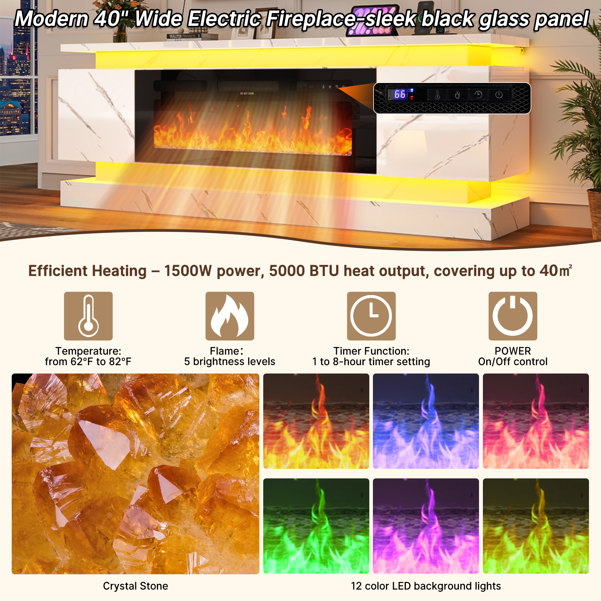 ChVans Fireplace TV Stand for 85" TV, 71" LED TV Stand with 40" Electric Fireplace & Power Outlet, Marble High Gloss Surface, 2 Storage Cabinet, Modern Style, Marble