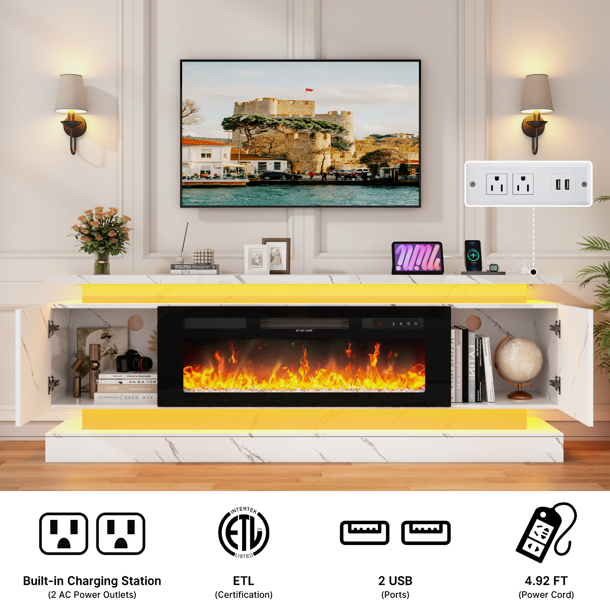 ChVans Fireplace TV Stand for 85" TV, 71" LED TV Stand with 40" Electric Fireplace & Power Outlet, Marble High Gloss Surface, 2 Storage Cabinet, Modern Style, Marble