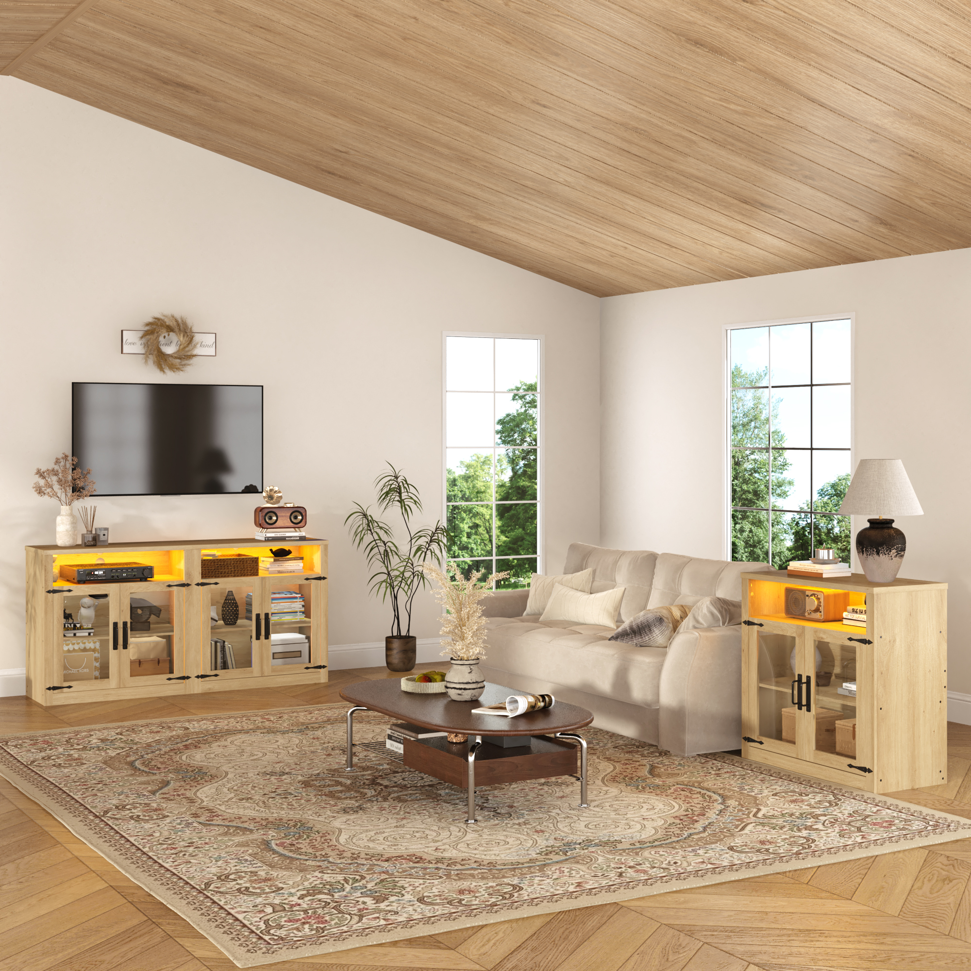 ChVans 94.5" TV Stand for 85 90 100 inch TV, Farmhouse Media Console Table Set, Wood Entertainment Center with LED Lights and Glass Doors, Oak