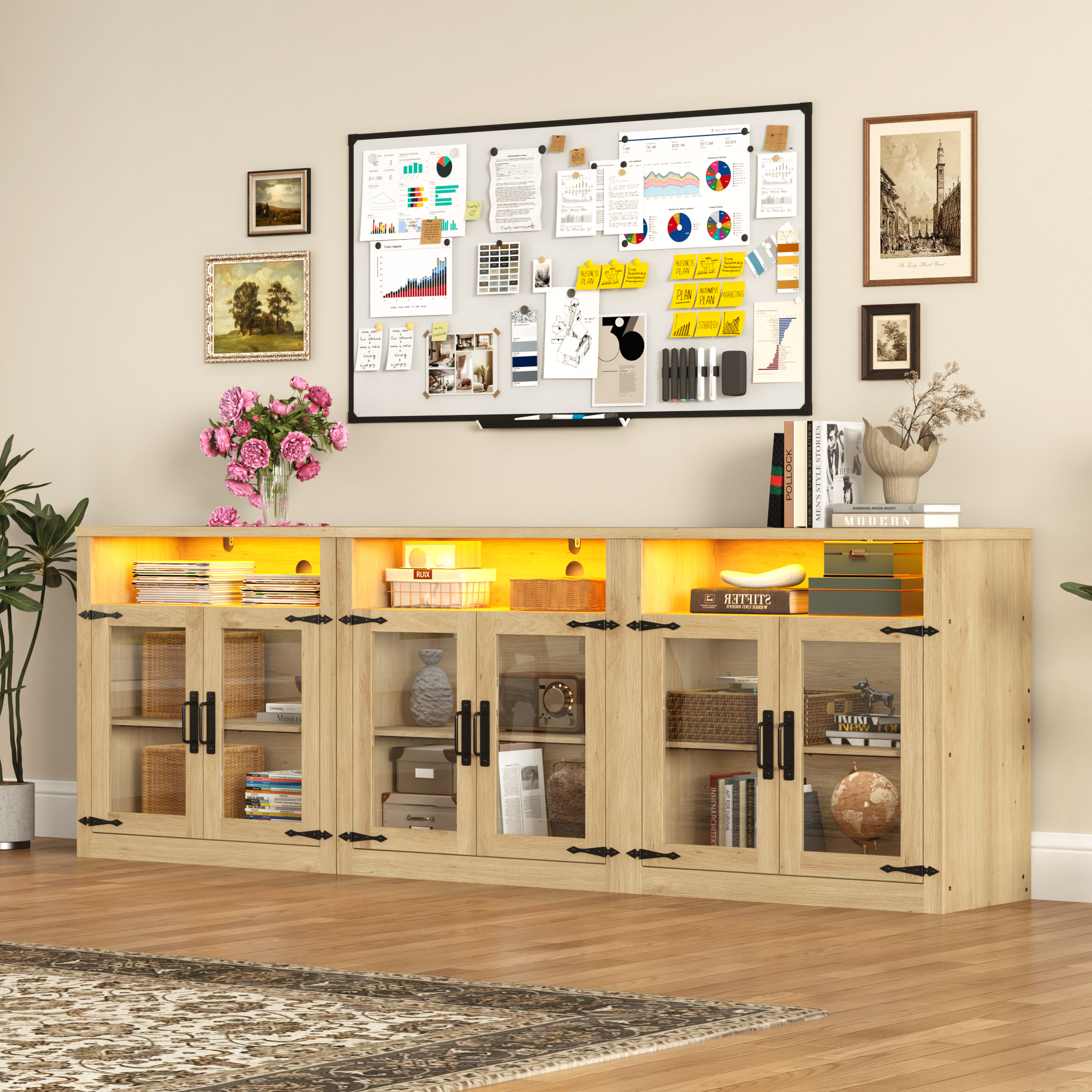 ChVans 94.5" TV Stand for 85 90 100 inch TV, Farmhouse Media Console Table Set, Wood Entertainment Center with LED Lights and Glass Doors, Oak