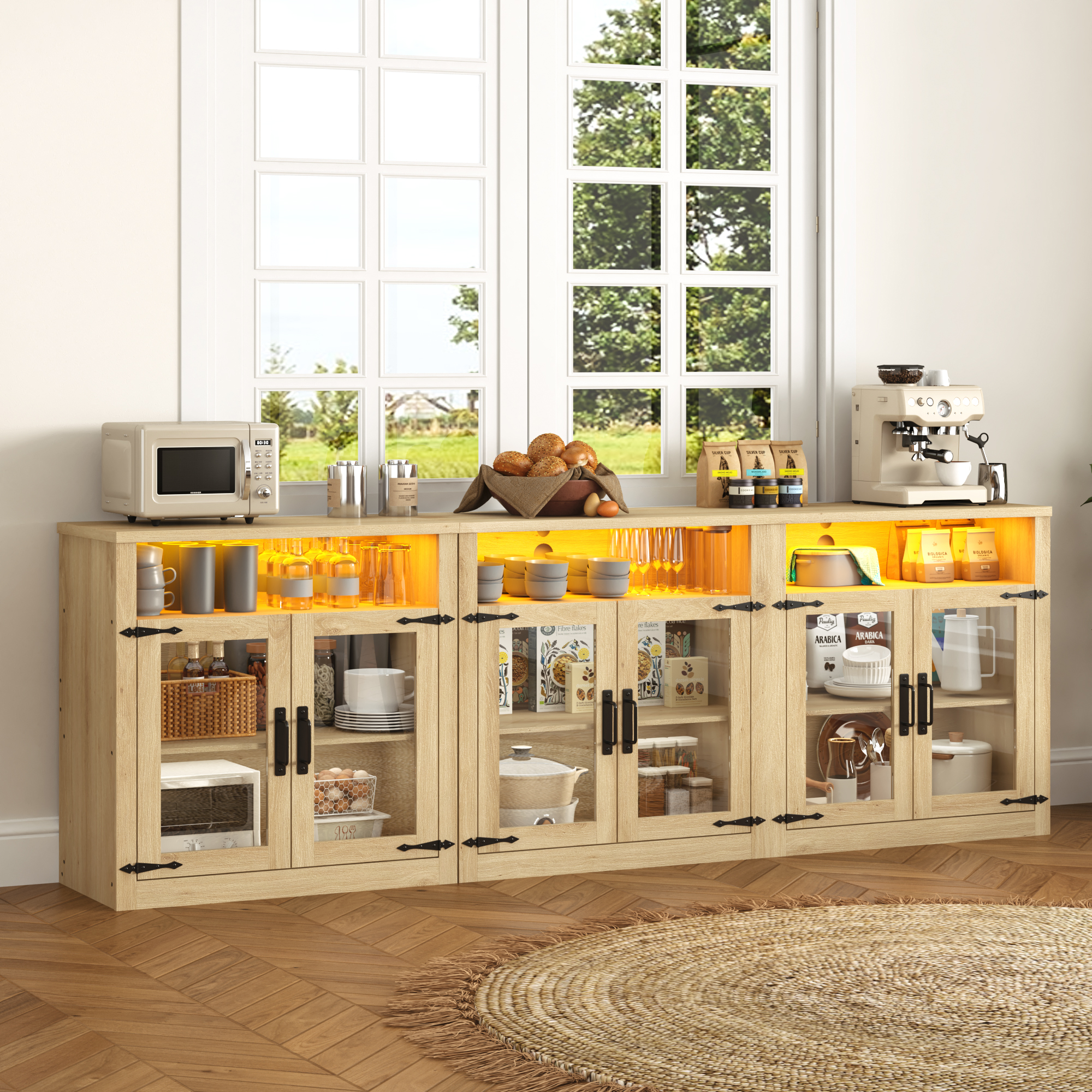 ChVans 94.5" TV Stand for 85 90 100 inch TV, Farmhouse Media Console Table Set, Wood Entertainment Center with LED Lights and Glass Doors, Oak