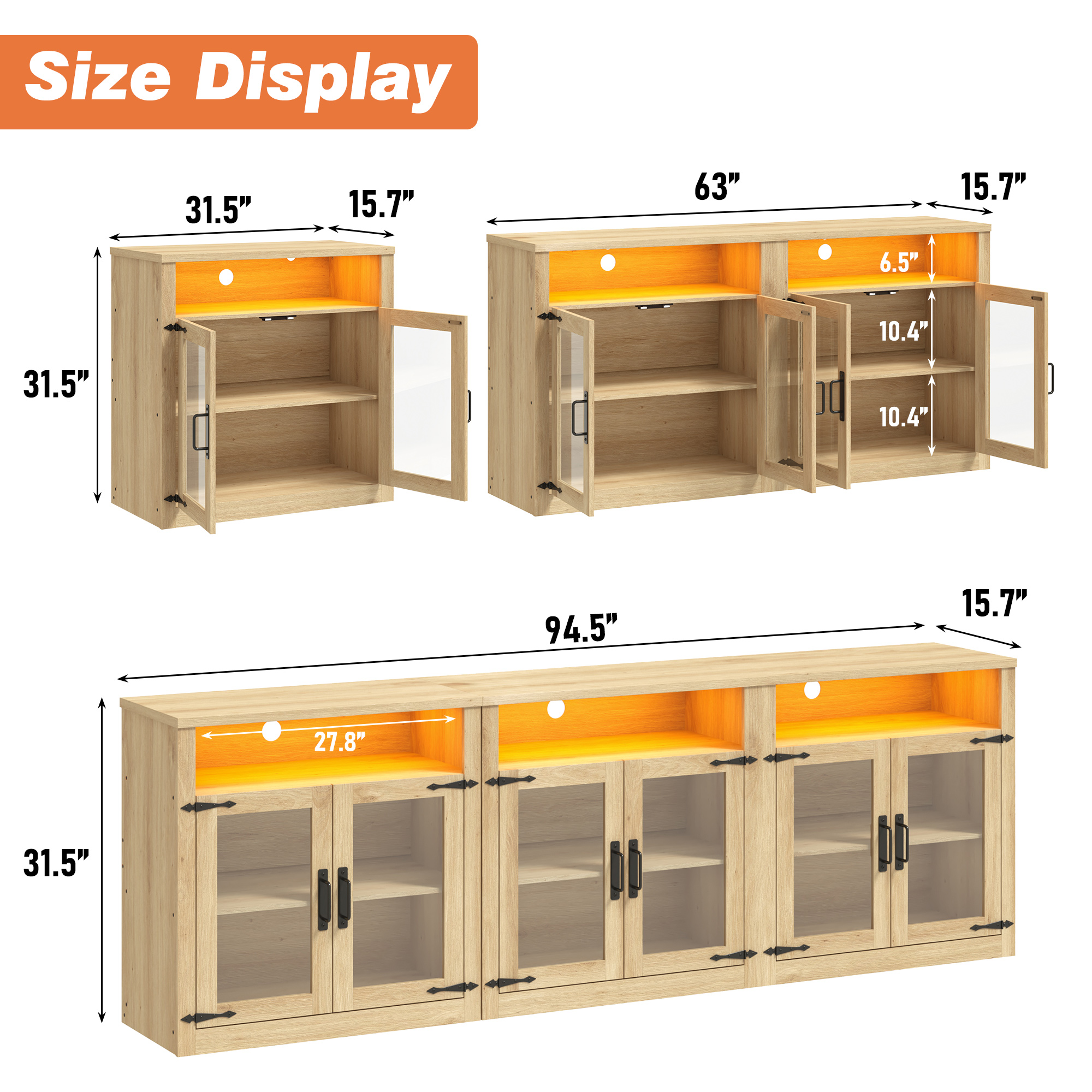 ChVans 94.5" TV Stand for 85 90 100 inch TV, Farmhouse Media Console Table Set, Wood Entertainment Center with LED Lights and Glass Doors, Oak