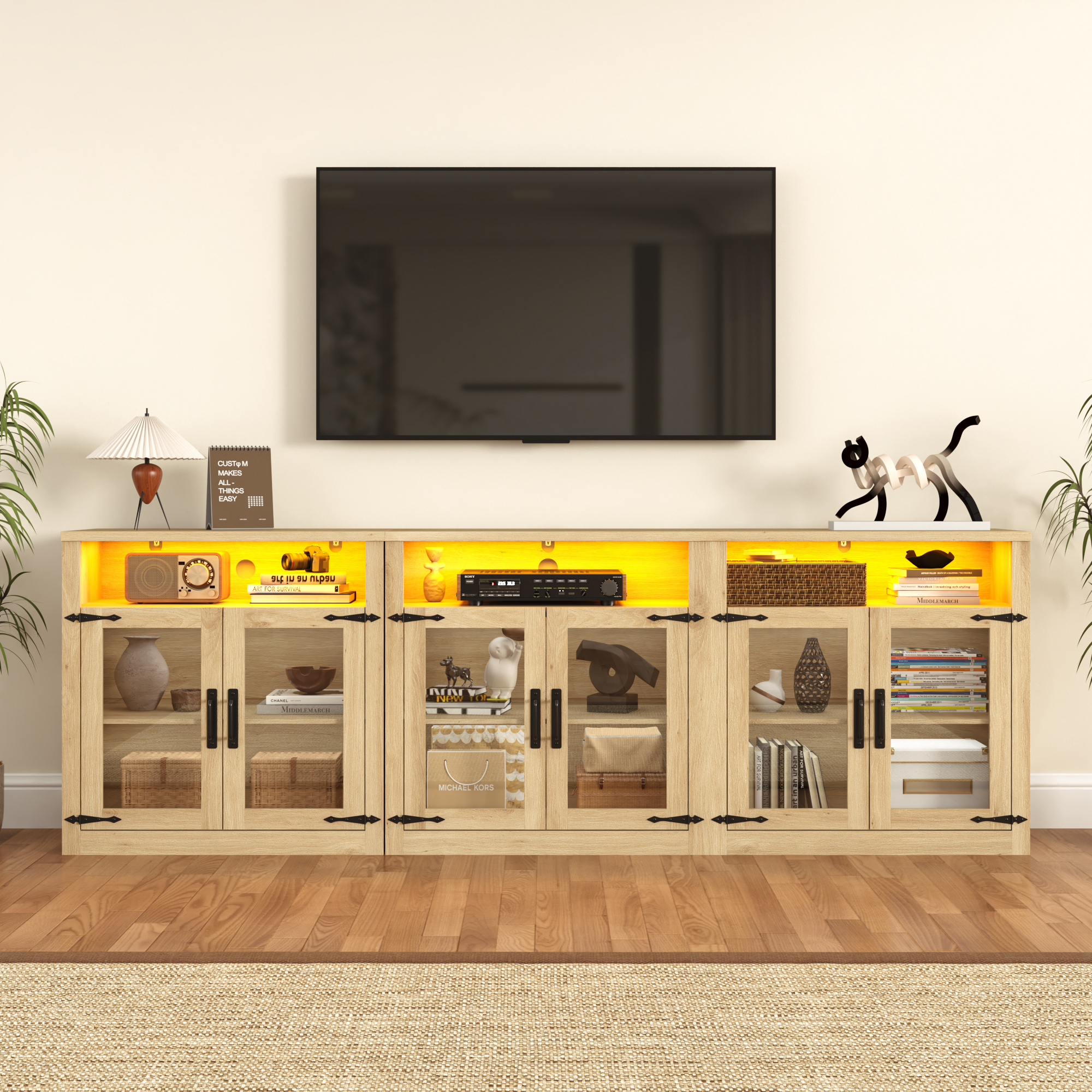 ChVans 94.5" TV Stand for 85 90 100 inch TV, Farmhouse Media Console Table Set, Wood Entertainment Center with LED Lights and Glass Doors, Oak