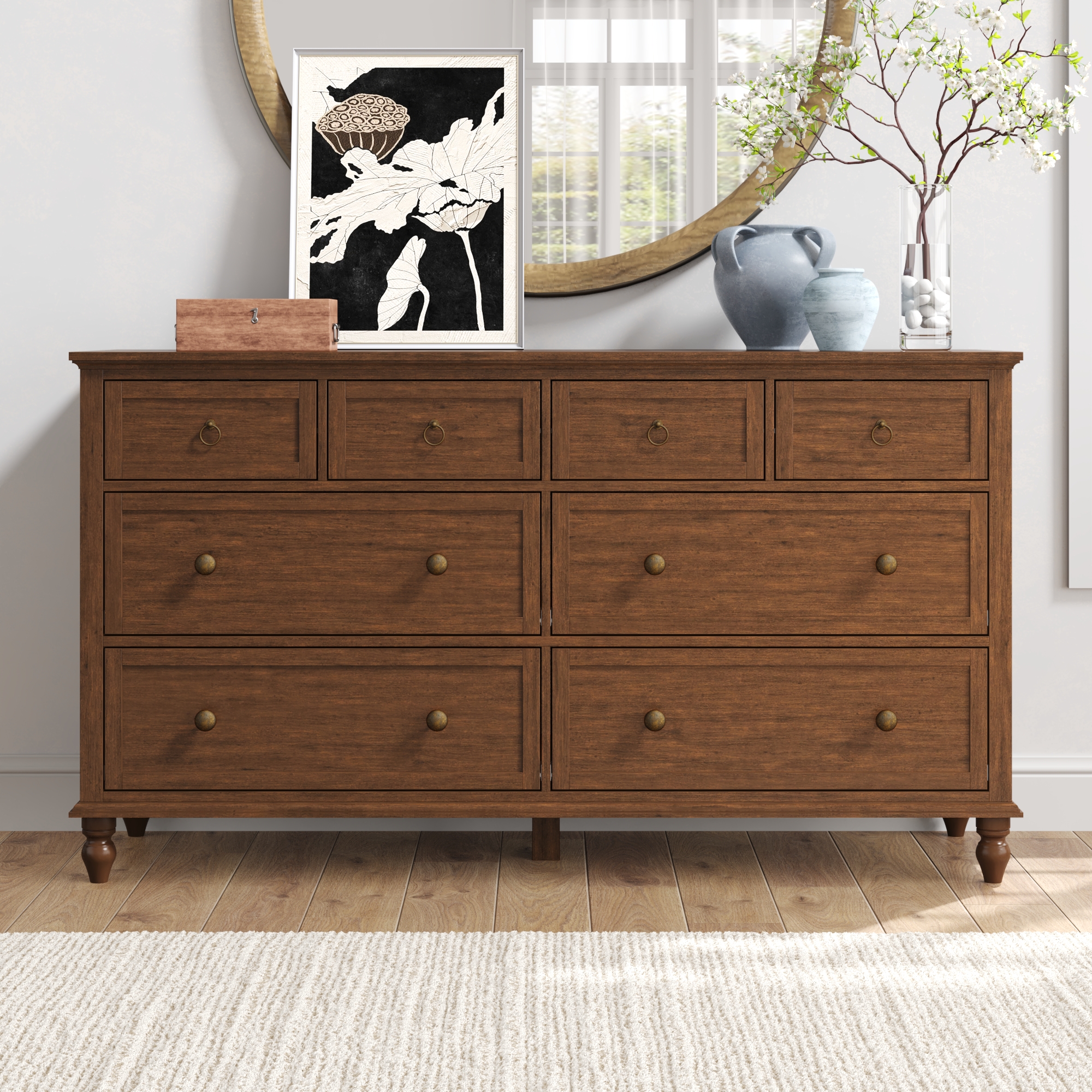 ChVans 8 Drawer Dresser for Bedroom, Modern Farmhouse Wood Wide Chest of Drawers, Storage Dressers for Bedroom, Living Room & Hallway