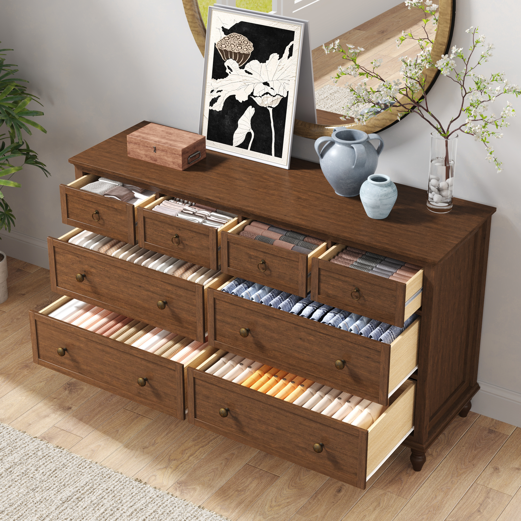 ChVans 8 Drawer Dresser for Bedroom, Modern Farmhouse Wood Wide Chest of Drawers, Storage Dressers for Bedroom, Living Room & Hallway