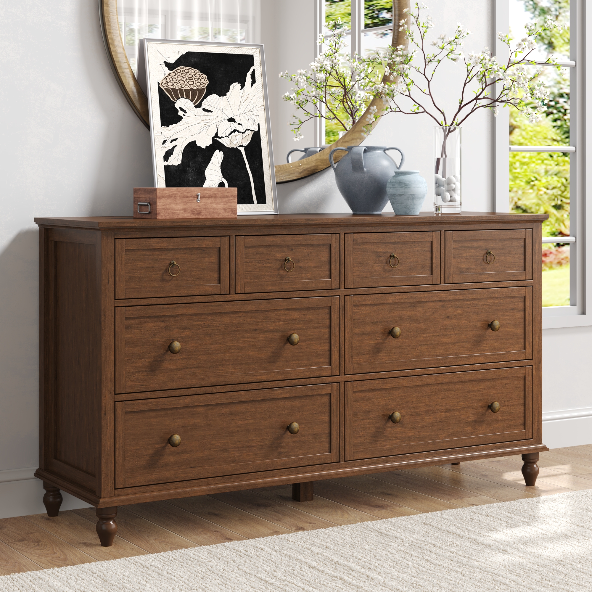 ChVans 8 Drawer Dresser for Bedroom, Modern Farmhouse Wood Wide Chest of Drawers, Storage Dressers for Bedroom, Living Room & Hallway