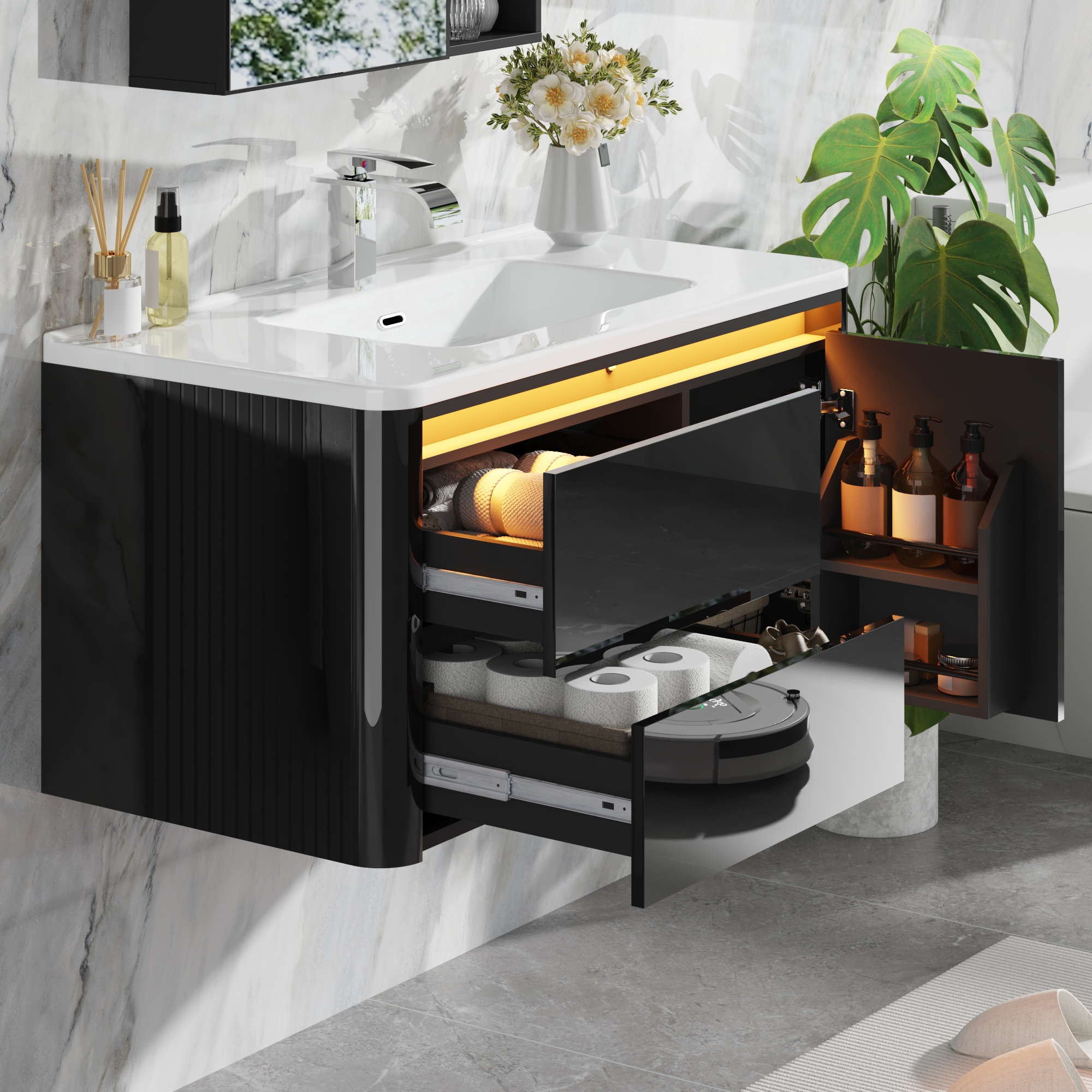 36 Inch Wall Mounted Bathroom Vanity with Sink and Mirror Cabinet,Modern Floating Bathroom Storage Cabinet with 2 Drawers and Soft Closing Door