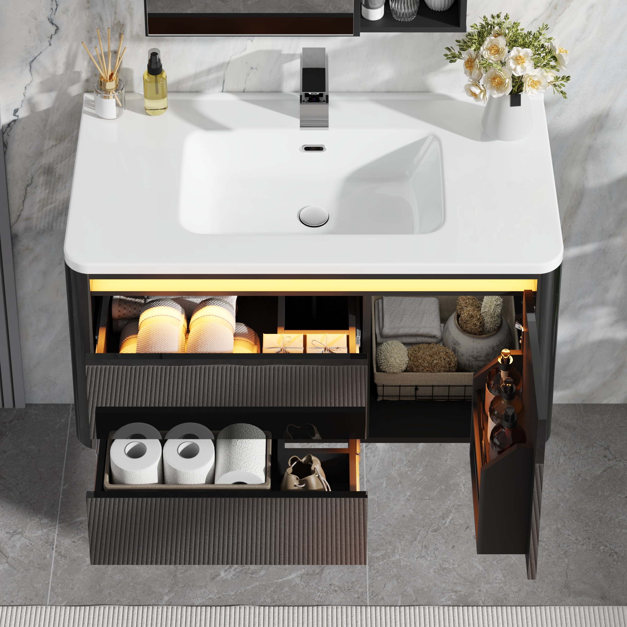 36 Inch Wall Mounted Bathroom Vanity with Sink and Mirror Cabinet,Modern Floating Bathroom Storage Cabinet with 2 Drawers and Soft Closing Door