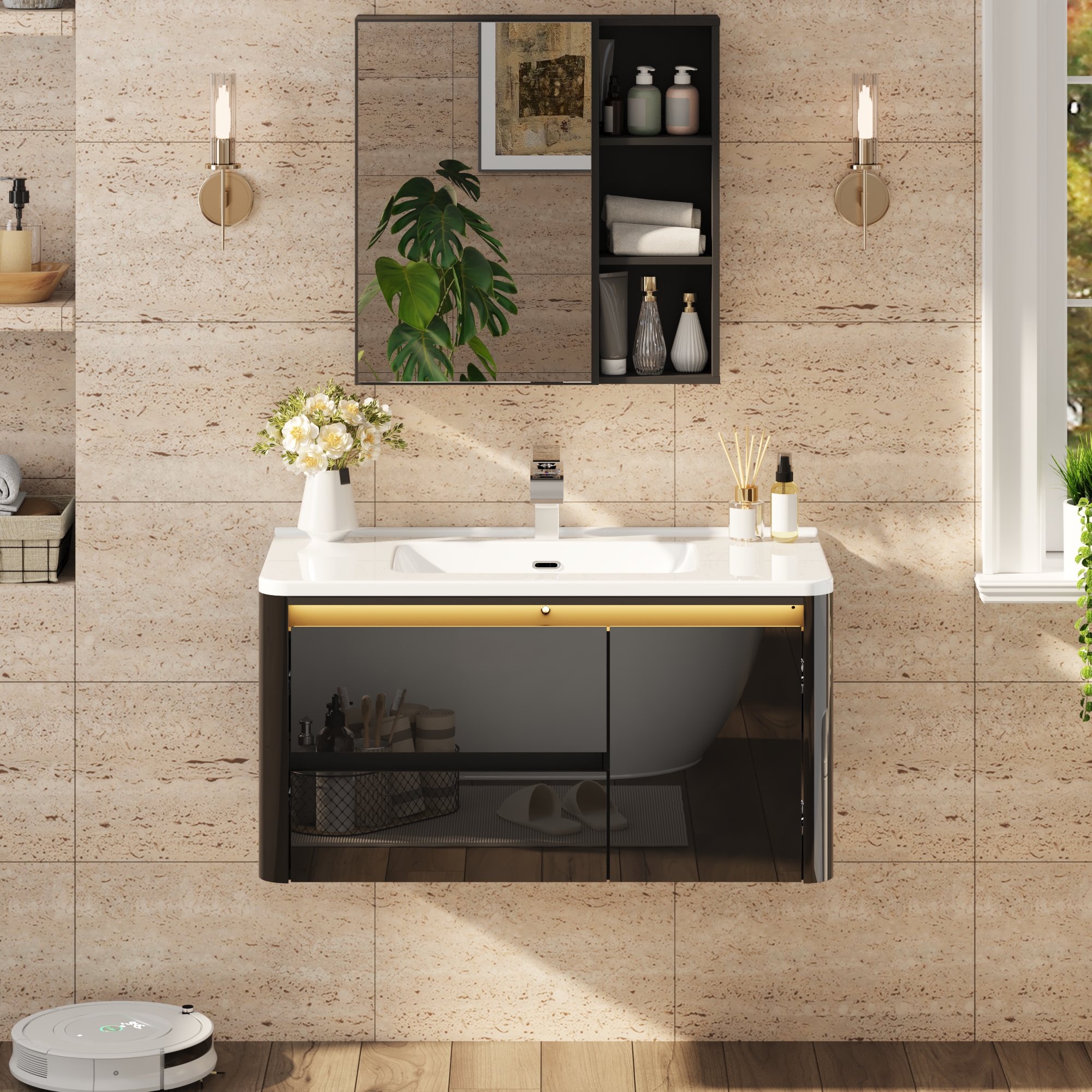 36 Inch Wall Mounted Bathroom Vanity with Sink and Mirror Cabinet,Modern Floating Bathroom Storage Cabinet with 2 Drawers and Soft Closing Door
