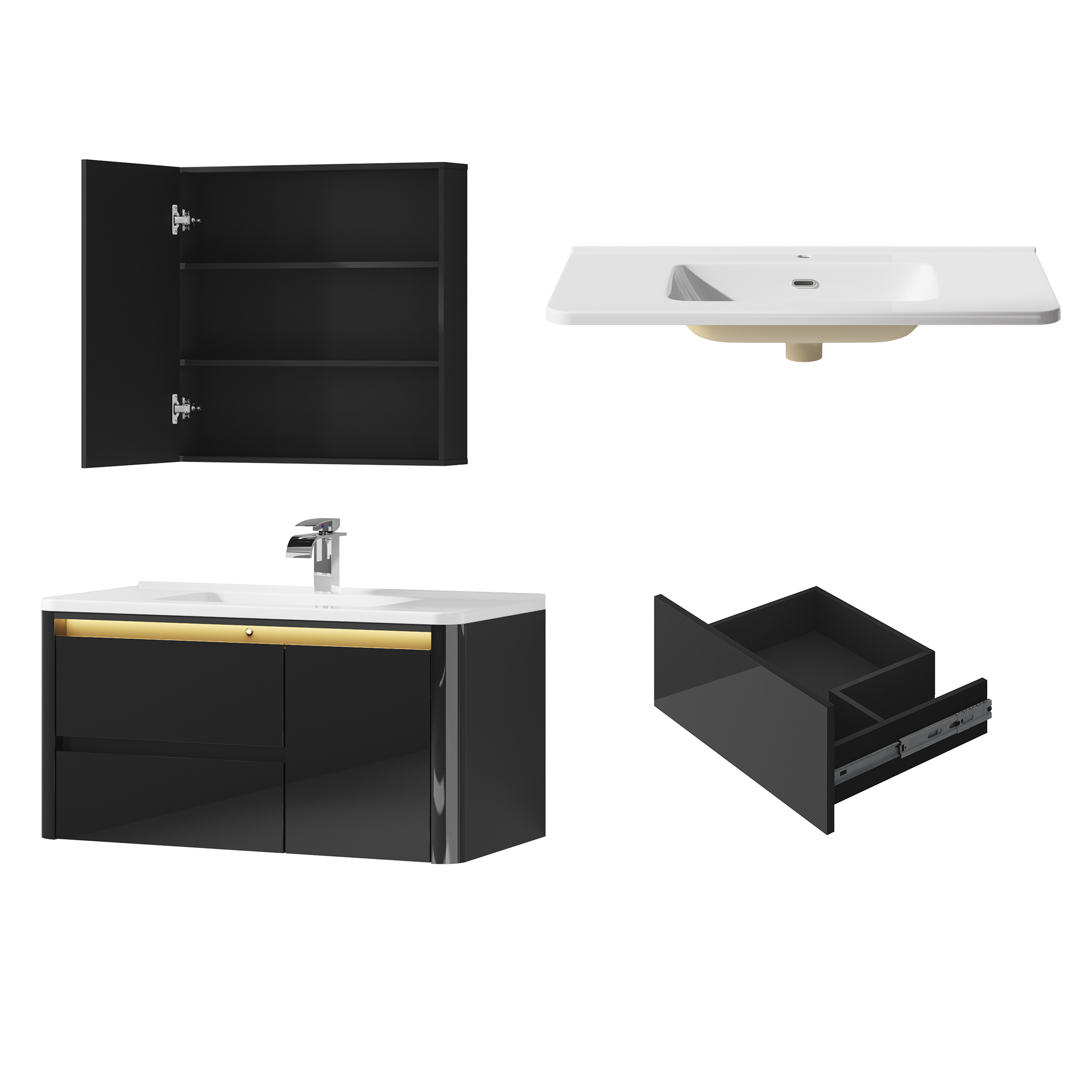 36 Inch Wall Mounted Bathroom Vanity with Sink and Mirror Cabinet,Modern Floating Bathroom Storage Cabinet with 2 Drawers and Soft Closing Door