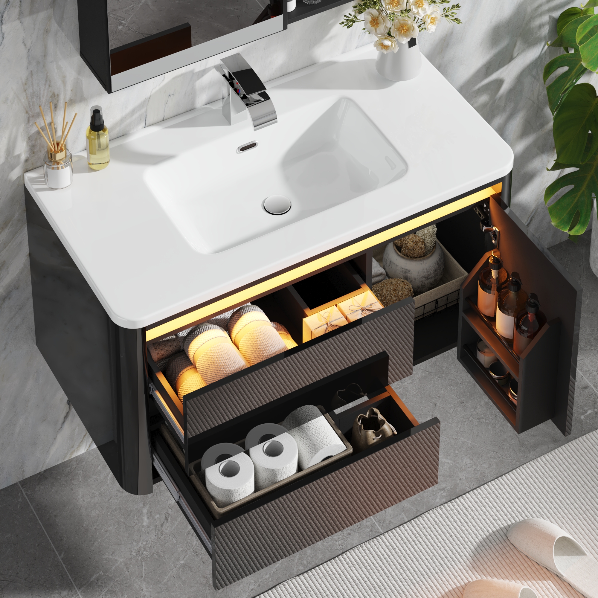 36 Inch Wall Mounted Bathroom Vanity with Sink and Mirror Cabinet,Modern Floating Bathroom Storage Cabinet with 2 Drawers and Soft Closing Door