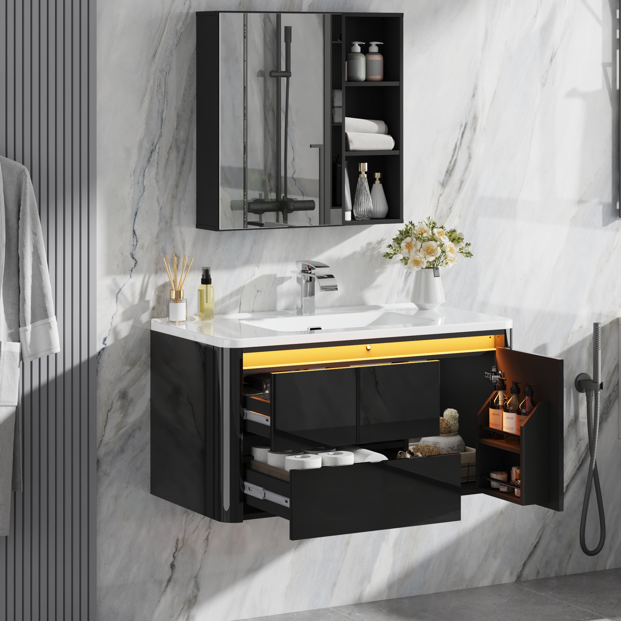 36 Inch Wall Mounted Bathroom Vanity with Sink and Mirror Cabinet,Modern Floating Bathroom Storage Cabinet with 2 Drawers and Soft Closing Door