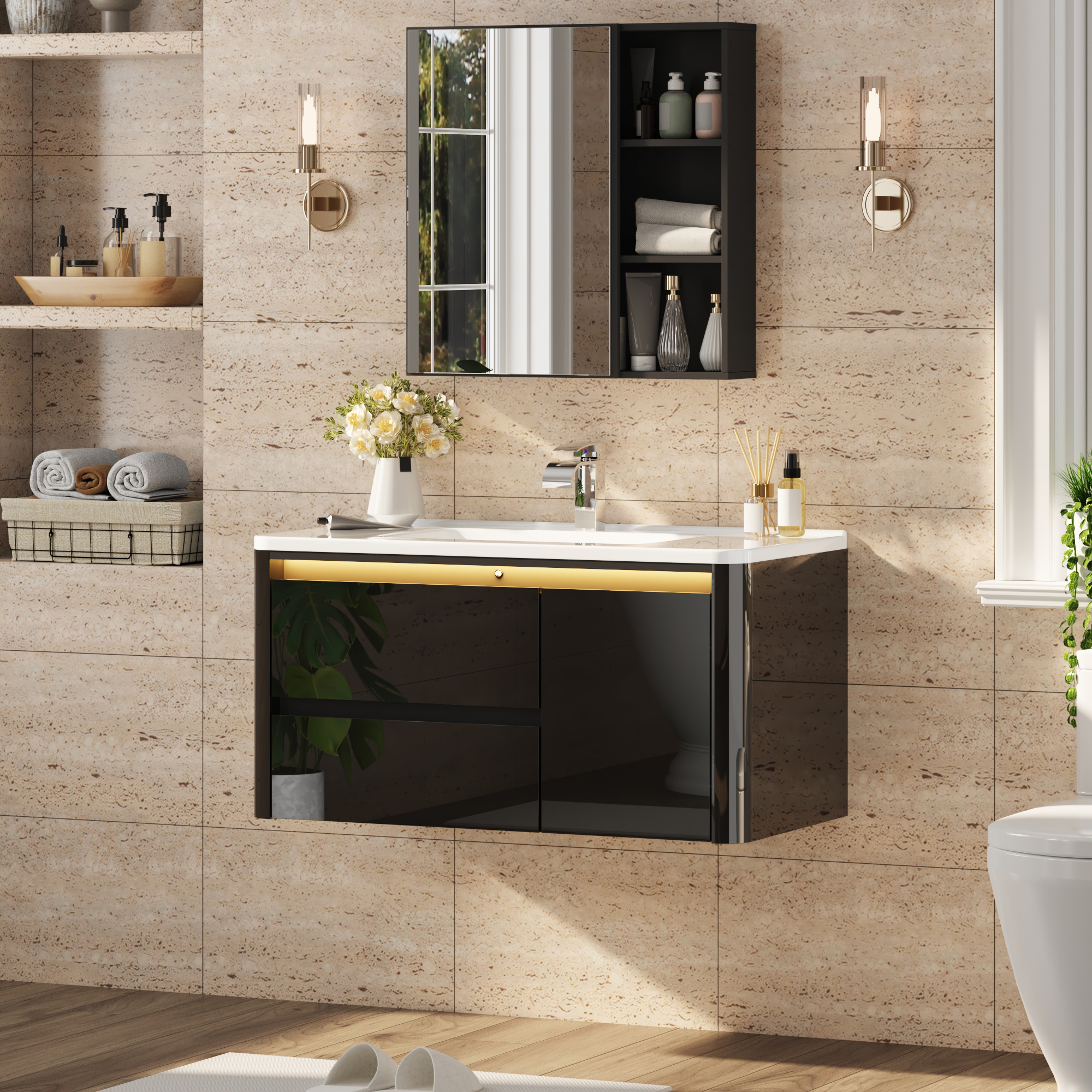 36 Inch Wall Mounted Bathroom Vanity with Sink and Mirror Cabinet,Modern Floating Bathroom Storage Cabinet with 2 Drawers and Soft Closing Door