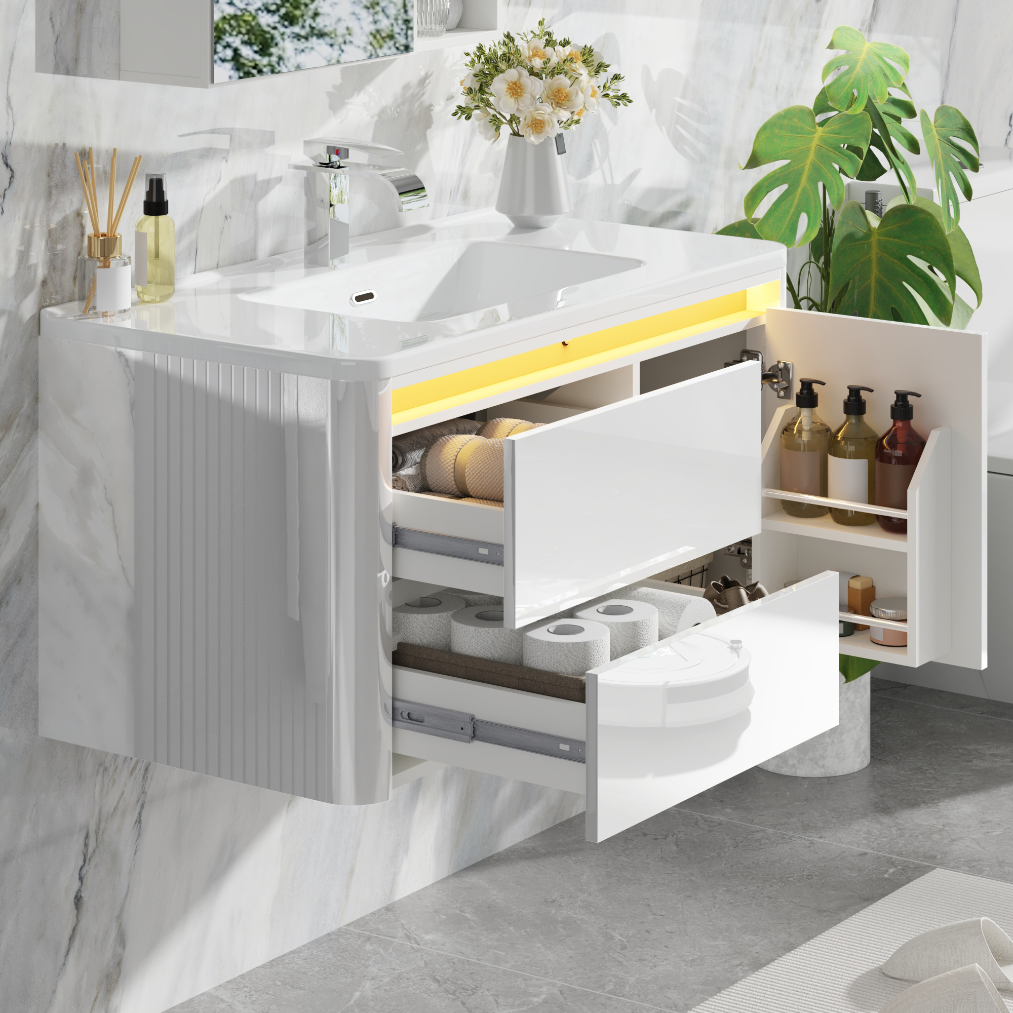 36 Inch Wall Mounted Bathroom Vanity with Sink and Mirror Cabinet,Modern Floating Bathroom Storage Cabinet with 2 Drawers and Soft Closing Door
