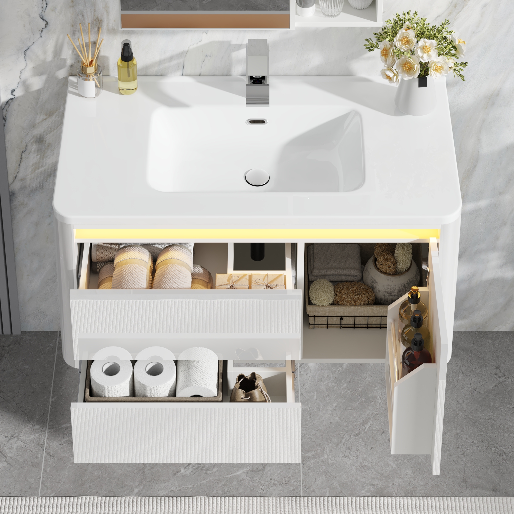 36 Inch Wall Mounted Bathroom Vanity with Sink and Mirror Cabinet,Modern Floating Bathroom Storage Cabinet with 2 Drawers and Soft Closing Door
