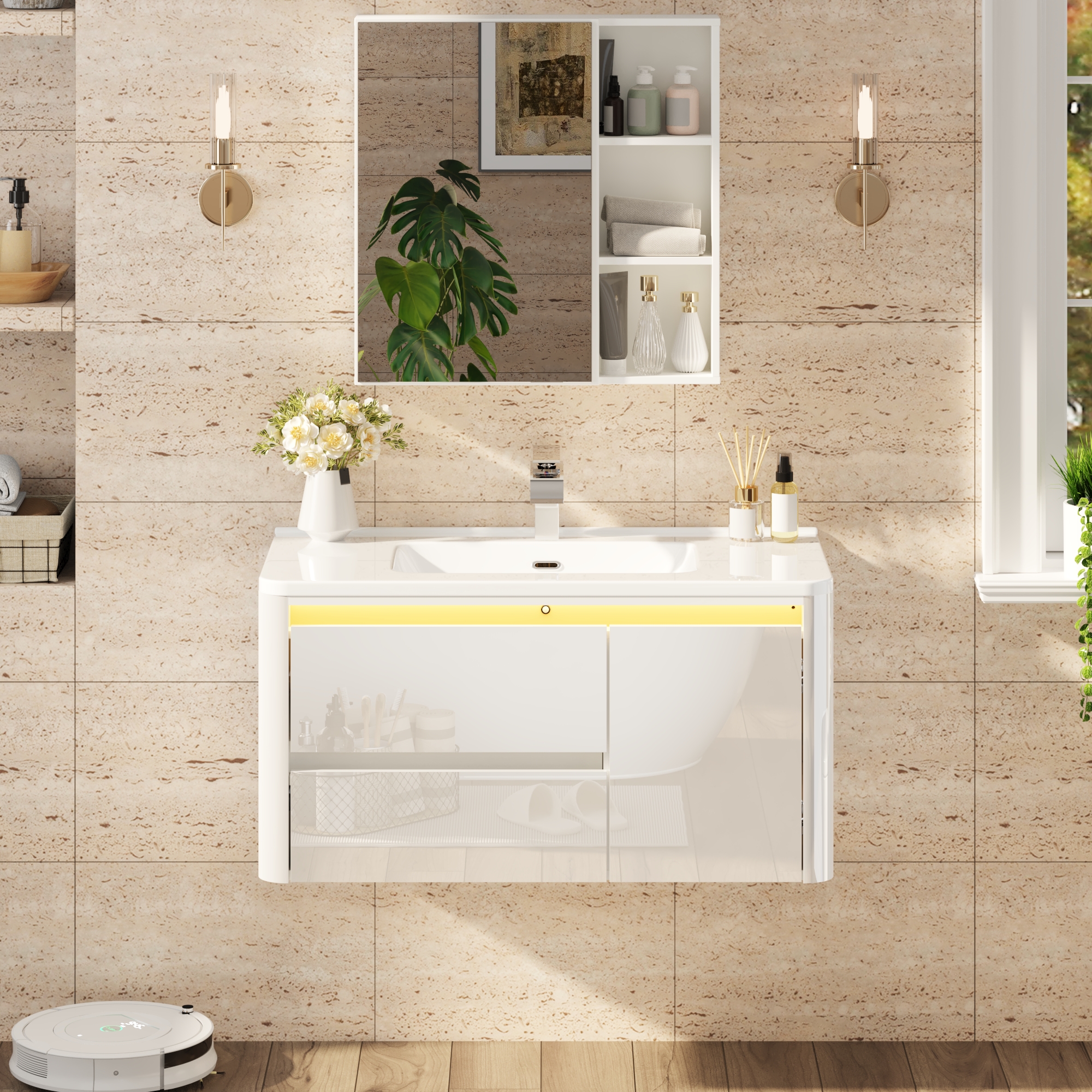 36 Inch Wall Mounted Bathroom Vanity with Sink and Mirror Cabinet,Modern Floating Bathroom Storage Cabinet with 2 Drawers and Soft Closing Door